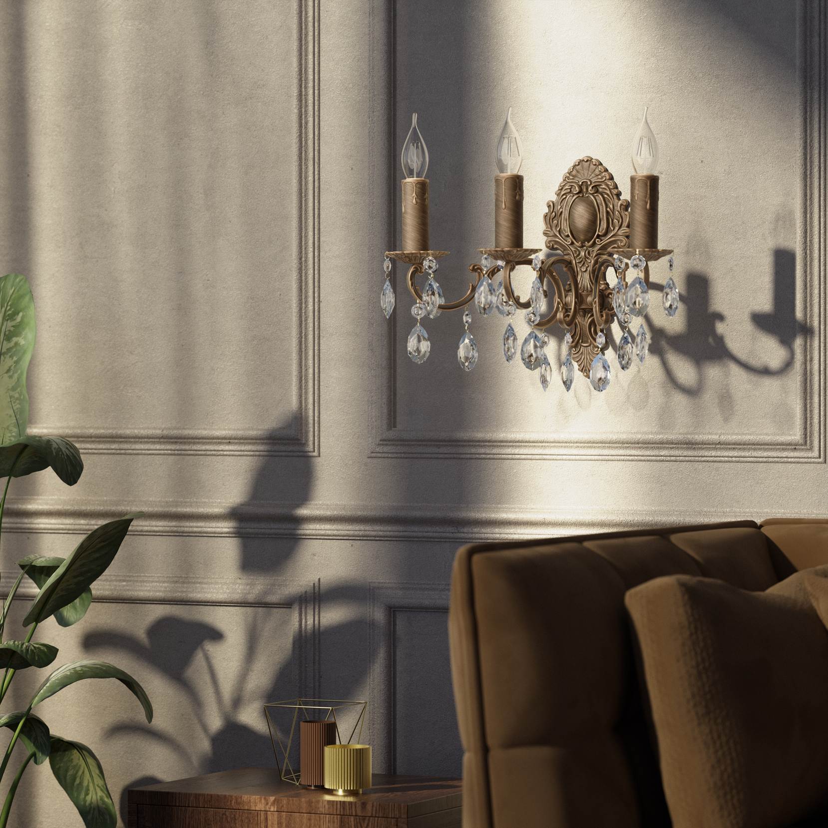 Baroque brass wall lamp with three lights and crystal pendants by Ghidini 1849 - Finish: OBM Bronze Satin Matt Brass