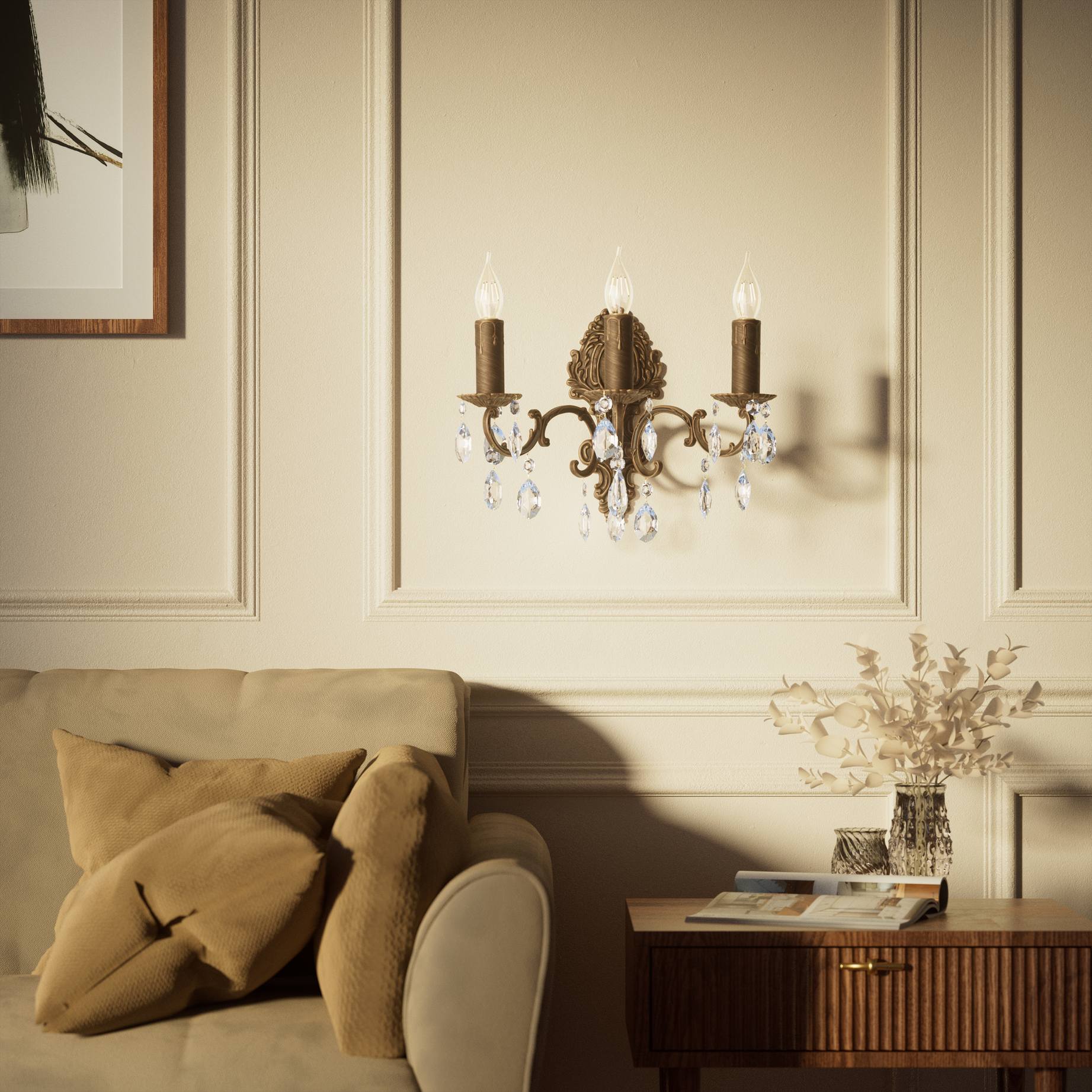 Baroque brass wall lamp with three lights and crystal pendants by Ghidini 1849 - Finish: OBM Bronze Satin Matt Brass
