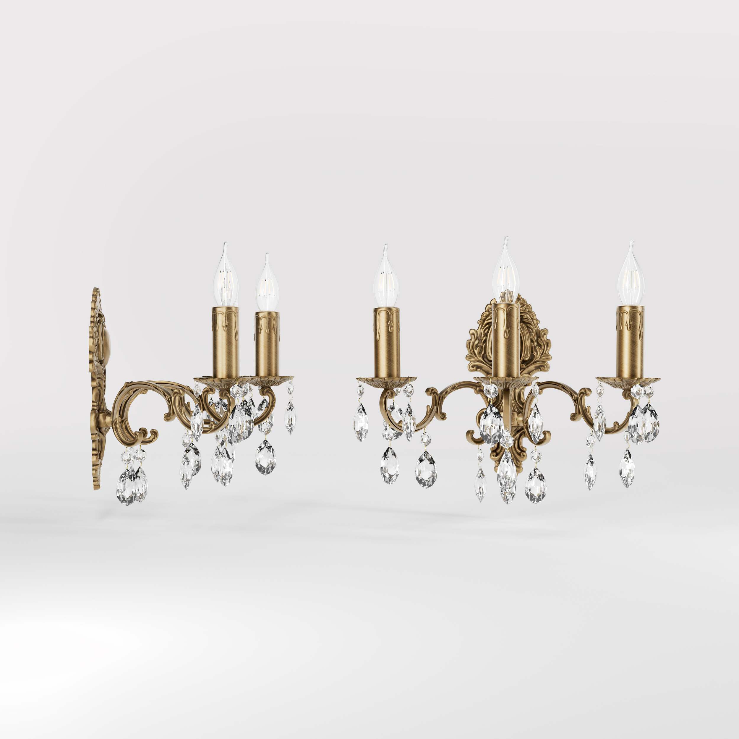 Baroque brass wall lamp with three lights and crystal pendants by Ghidini 1849 - Finish: OBS Bronze Satin Brass