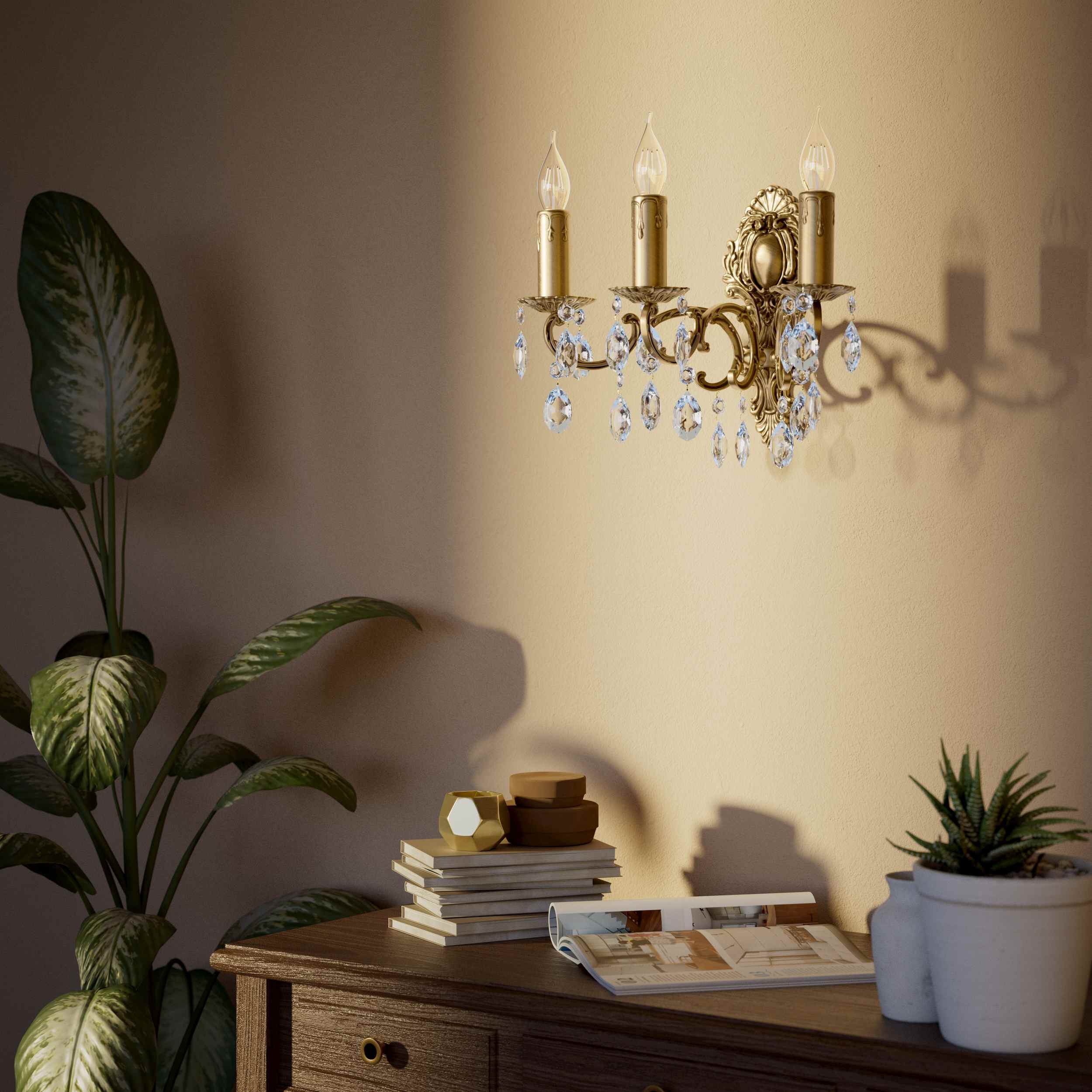 Baroque brass wall lamp with three lights and crystal pendants by Ghidini 1849 - Finish: OBS Bronze Satin Brass