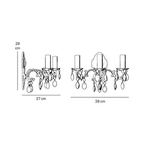 Baroque brass wall lamp with three lights and crystal pendants by Ghidini 1849