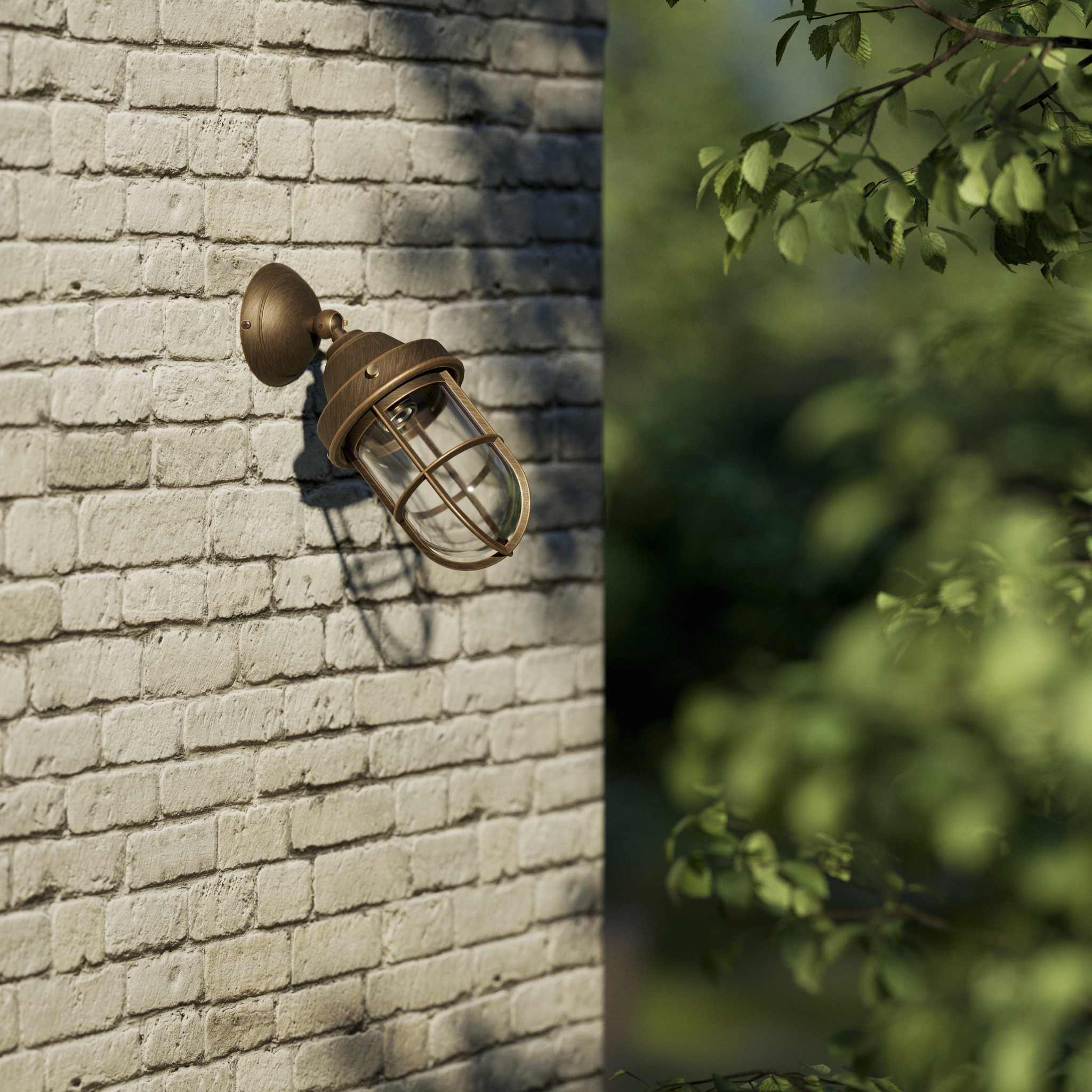 Rustic outdoor wall light in brass with clear glass shade, industrial maritime design, and adjustable joint by Ghidini 1849 - Finish: OBM Bronze Satin Matt Brass
