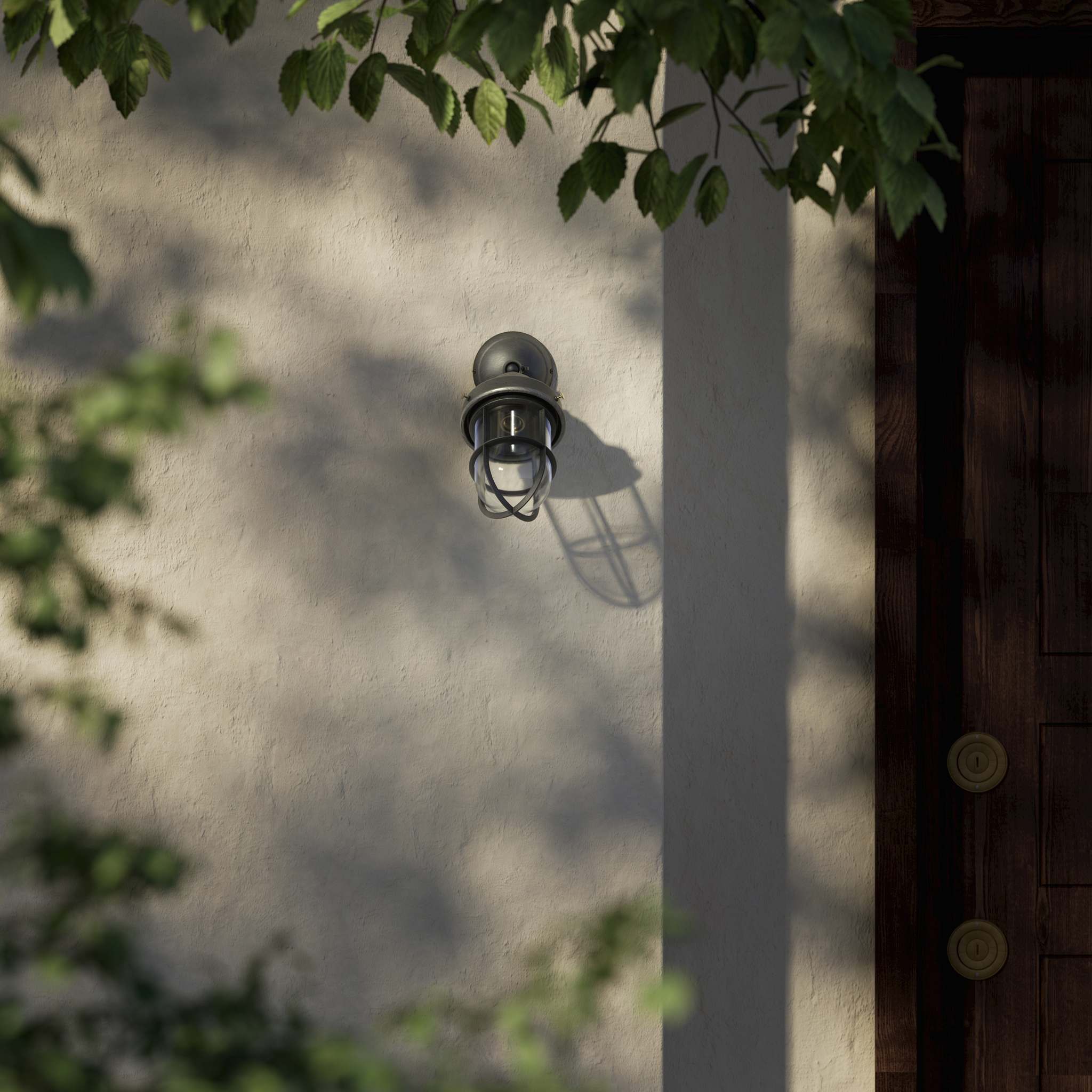 Rustic outdoor wall light in brass with clear glass shade, industrial maritime design, and adjustable joint by Ghidini 1849 - Finish: OBR Dark Bronze