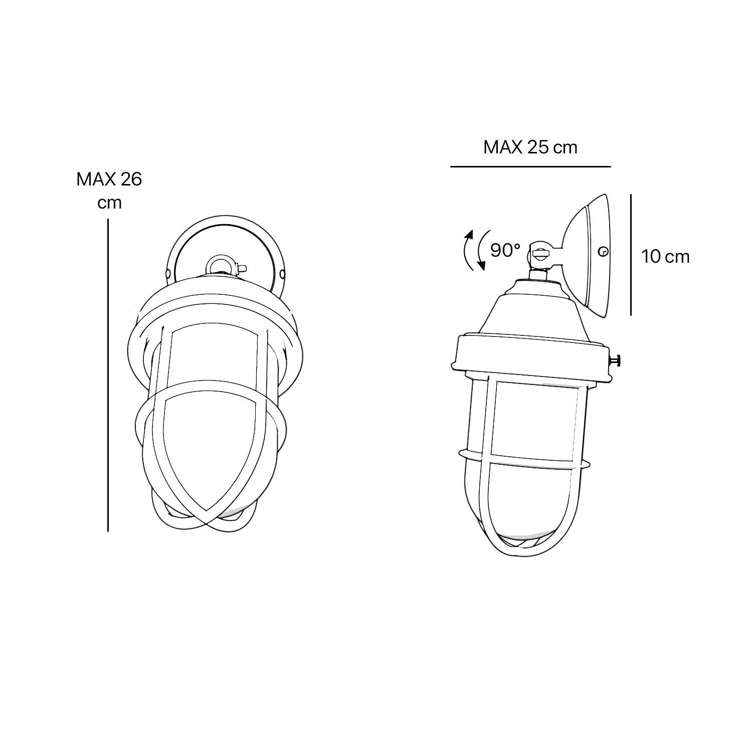 Rustic outdoor wall light in brass with clear glass shade, industrial maritime design, and adjustable joint by Ghidini 1849