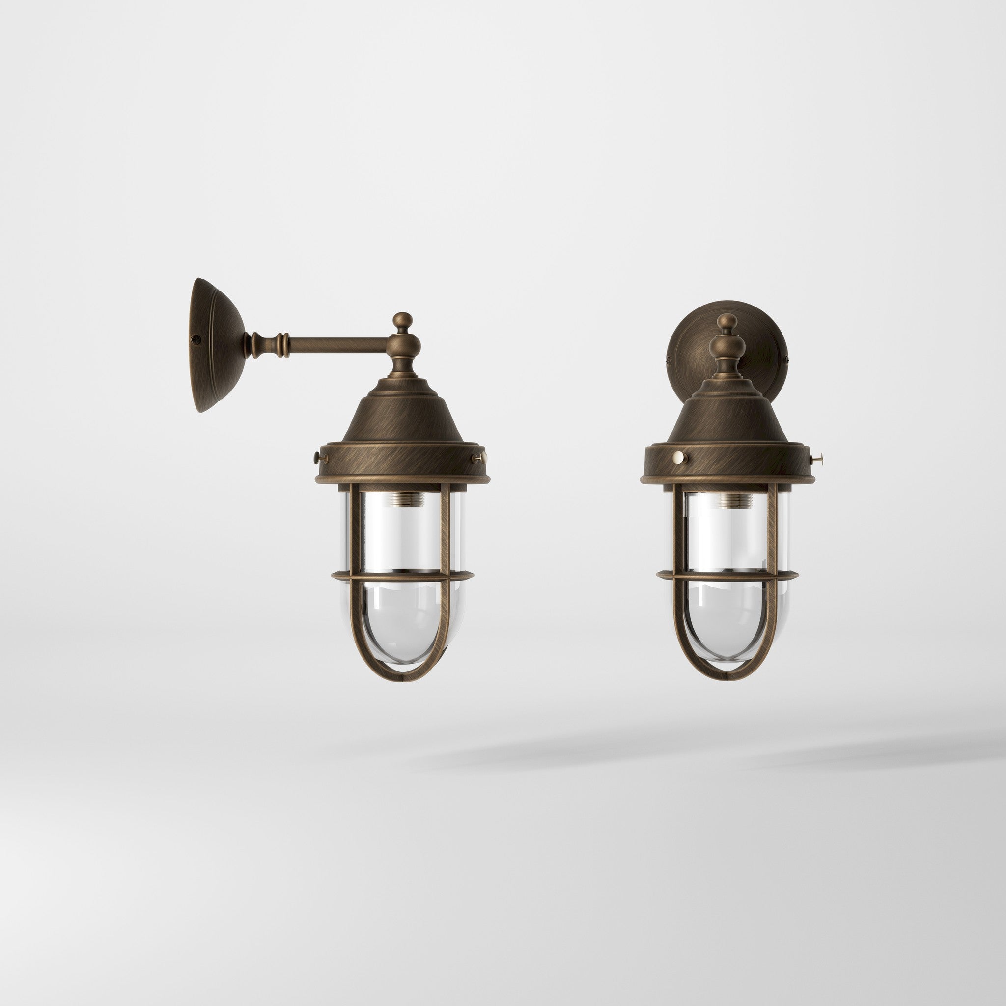 Outdoor wall lamp in brass with a transparent glass cage, industrial style, weather-resistant by Ghidini 1849 - Finish: OBM Bronze Satin Matt Brass