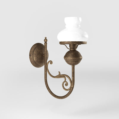 Classic wall lamp with white glass shade ribbed decorative dome and brass arm with scrolls by Ghidini 1849 - Finish: OAS Antique Brass