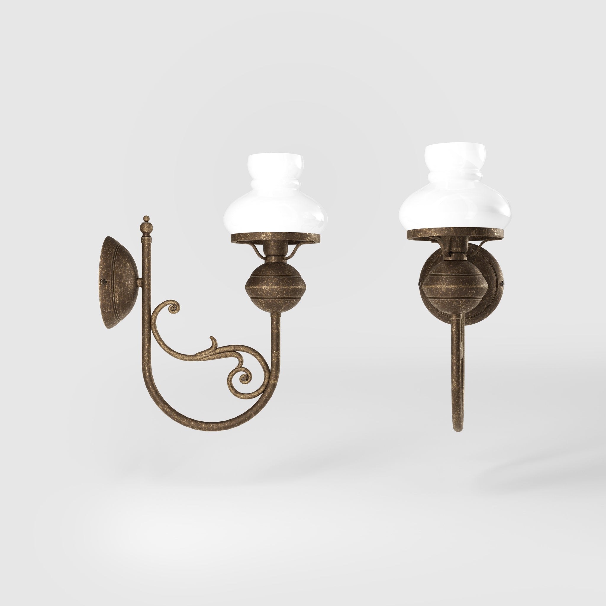 Classic wall lamp with white glass shade ribbed decorative dome and brass arm with scrolls by Ghidini 1849 - Finish: OAS Antique Brass