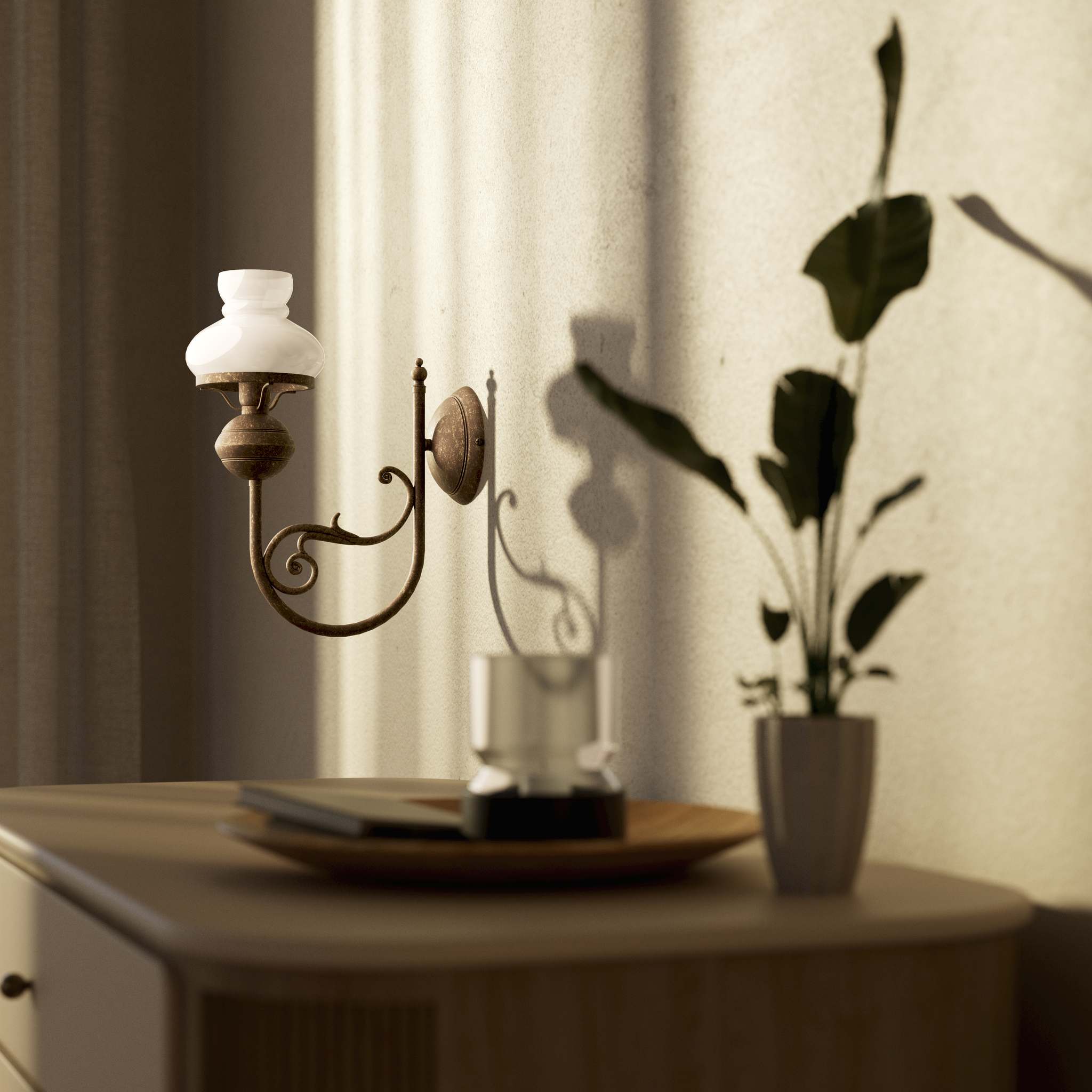 Classic wall lamp with white glass shade ribbed decorative dome and brass arm with scrolls by Ghidini 1849 - Finish: OAS Antique Brass