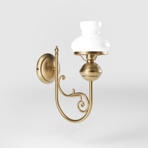 Classic wall lamp with white glass shade ribbed decorative dome and brass arm with scrolls by Ghidini 1849 - Finish: OBS Bronze Satin Brass