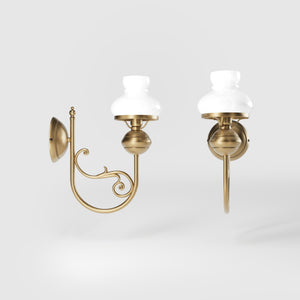 Classic wall lamp with white glass shade ribbed decorative dome and brass arm with scrolls by Ghidini 1849 - Finish: OBS Bronze Satin Brass