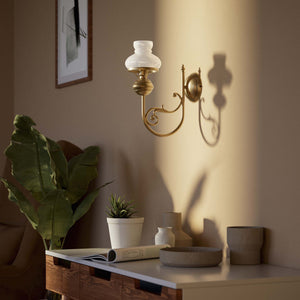 Classic wall lamp with white glass shade ribbed decorative dome and brass arm with scrolls by Ghidini 1849 - Finish: OBS Bronze Satin Brass