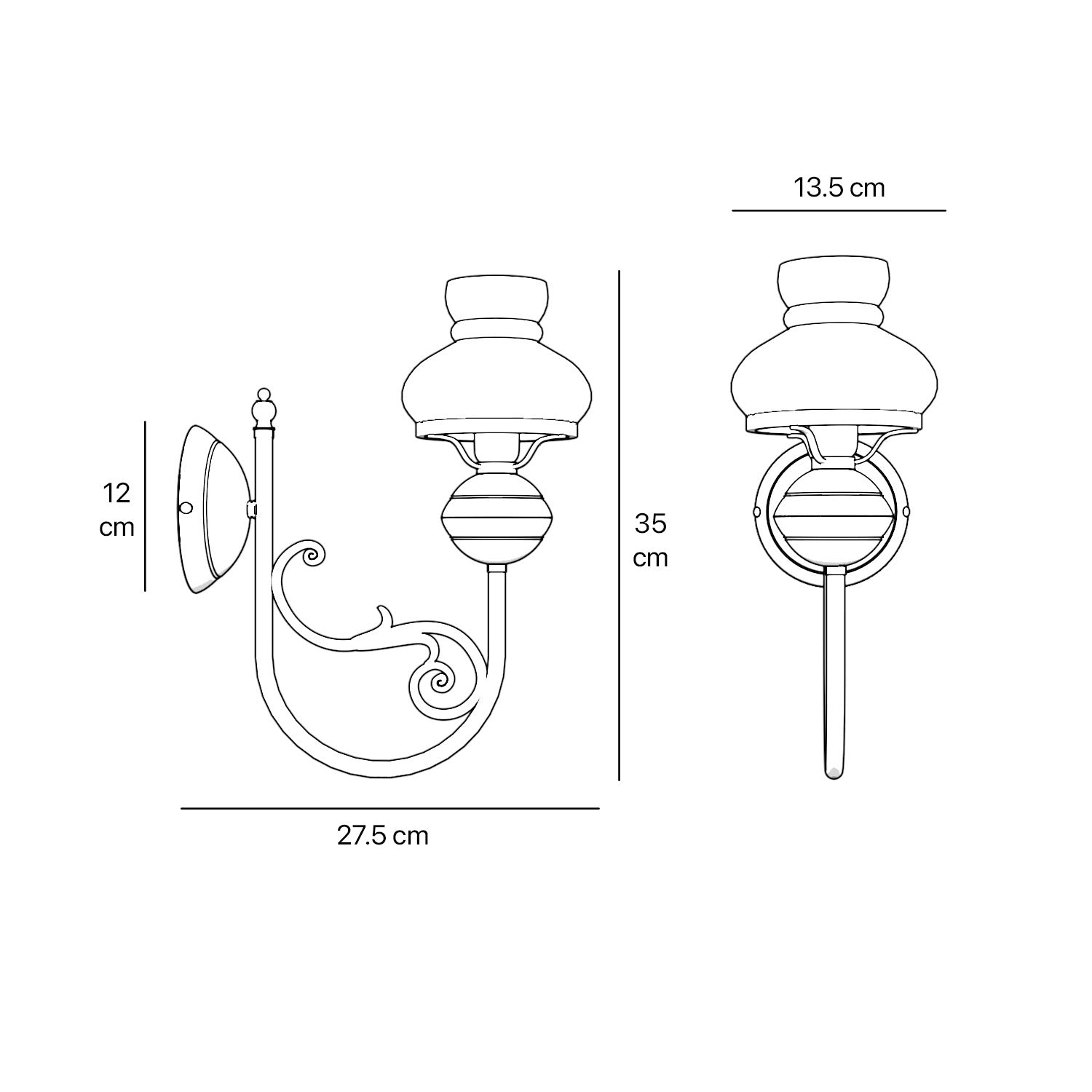 Classic wall lamp with white glass shade ribbed decorative dome and brass arm with scrolls by Ghidini 1849