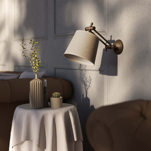 Adjustable brass wall lamp with grey fabric shade, double articulated joint, classic contemporary design Made in Italy by Ghidini 1849 - Finish: OAS Antique Brass