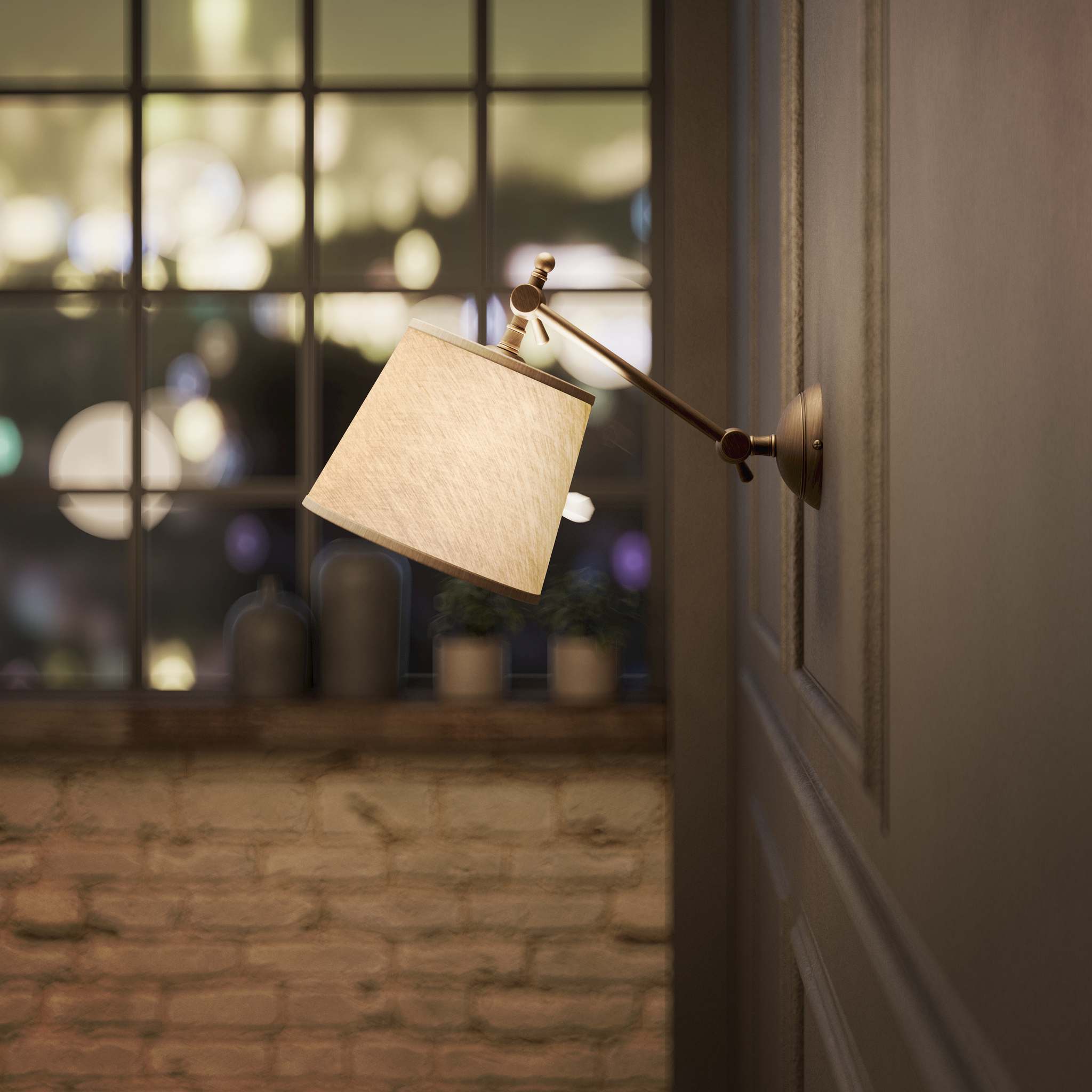 Adjustable brass wall lamp with grey fabric shade, double articulated joint, classic contemporary design Made in Italy by Ghidini 1849 - Finish: OBM Bronze Satin Matt Brass