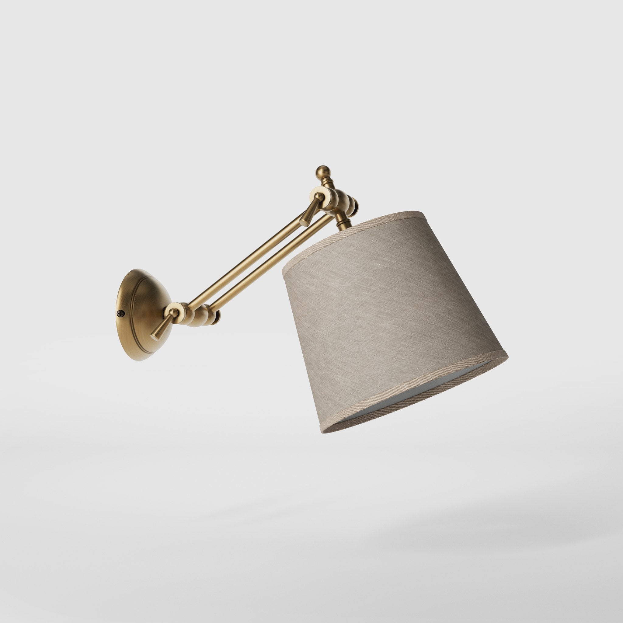 Adjustable brass wall lamp with grey fabric shade, double articulated joint, classic contemporary design Made in Italy by Ghidini 1849 - Finish: OBS Bronze Satin Brass