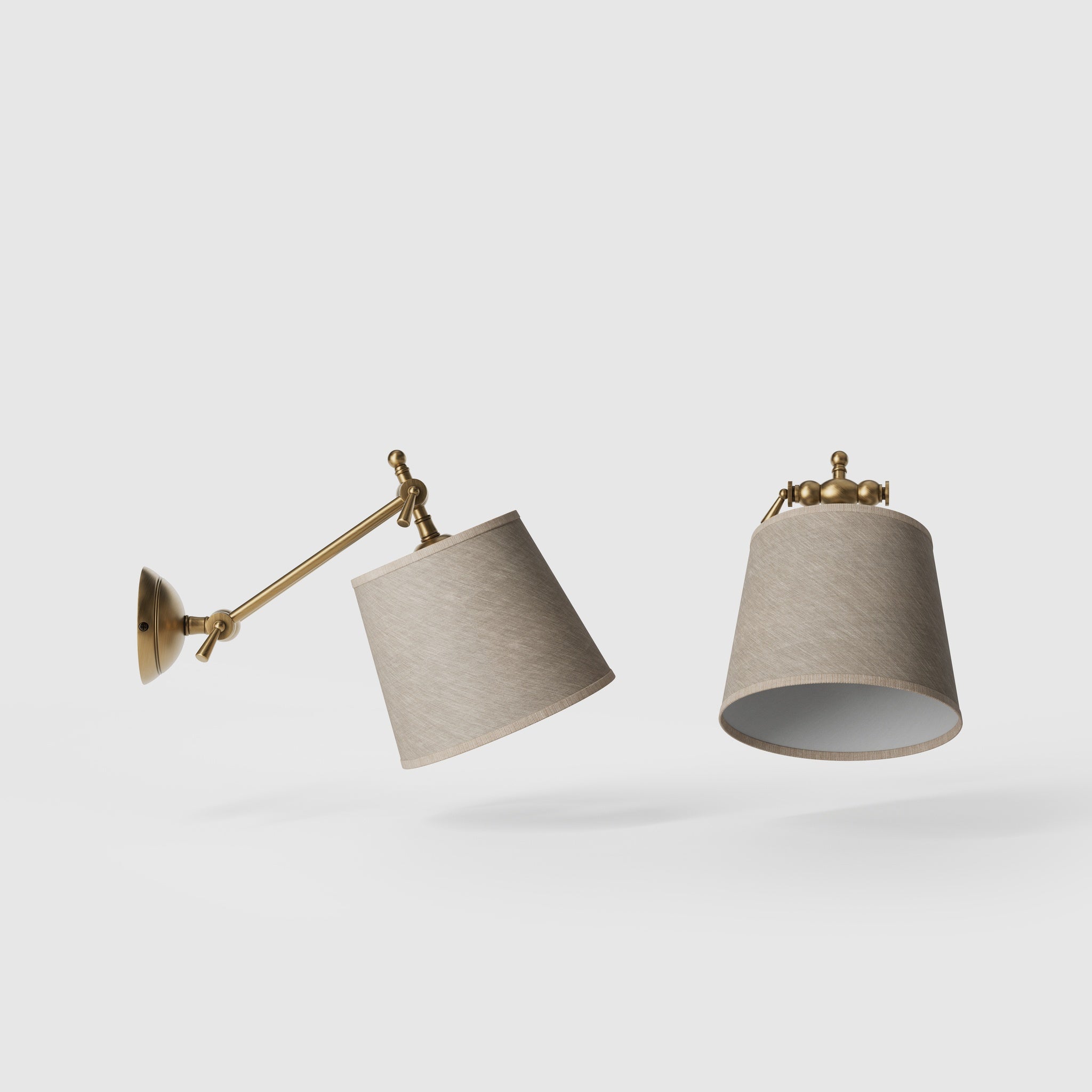Adjustable brass wall lamp with grey fabric shade, double articulated joint, classic contemporary design Made in Italy by Ghidini 1849 - Finish: OBS Bronze Satin Brass