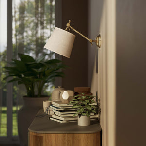 Adjustable brass wall lamp with grey fabric shade, double articulated joint, classic contemporary design Made in Italy by Ghidini 1849 - Finish: OBS Bronze Satin Brass