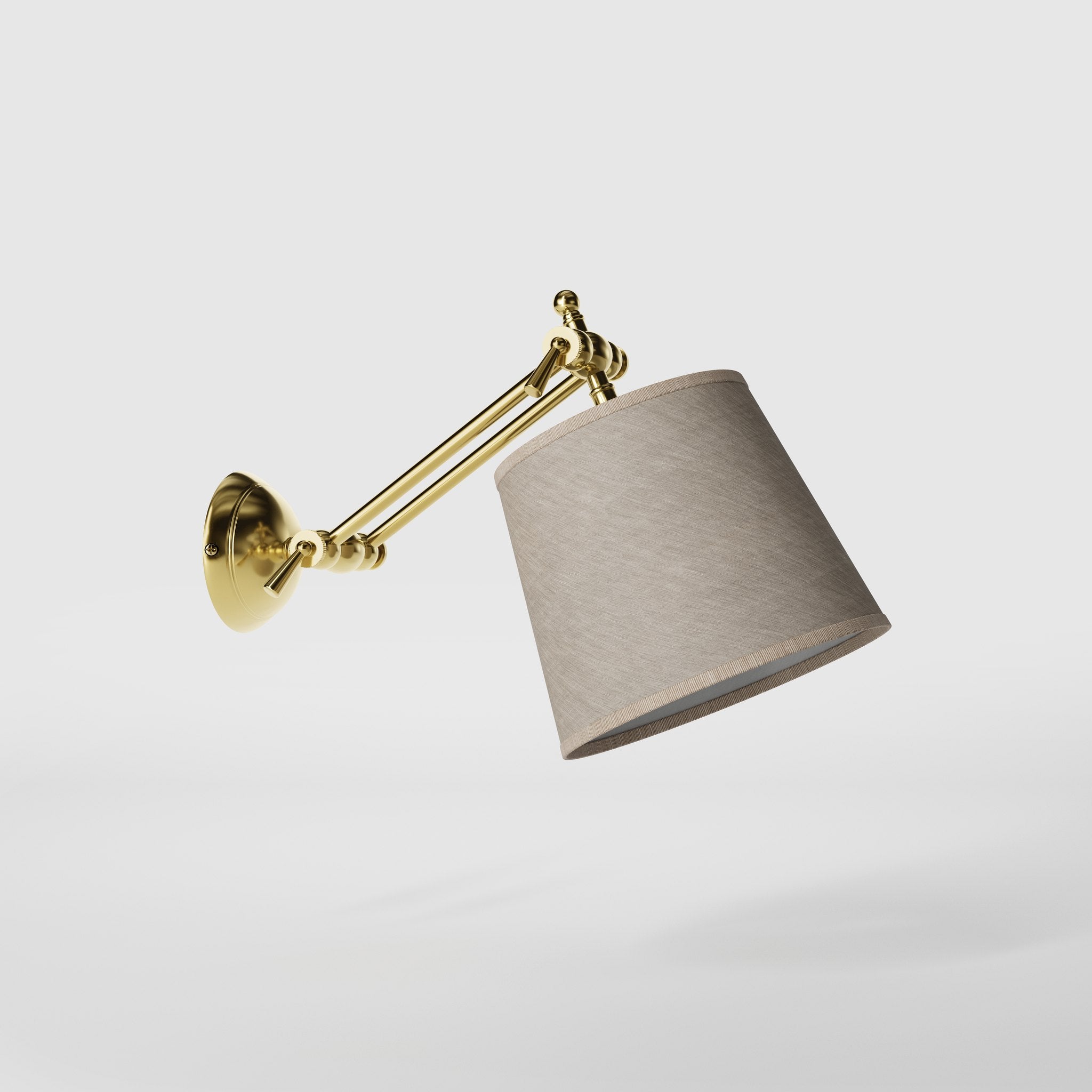 Adjustable brass wall lamp with grey fabric shade, double articulated joint, classic contemporary design Made in Italy by Ghidini 1849 - Finish: OLV Polished Brass