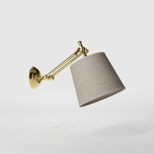 Adjustable brass wall lamp with grey fabric shade, double articulated joint, classic contemporary design Made in Italy by Ghidini 1849 - Finish: OLV Polished Brass