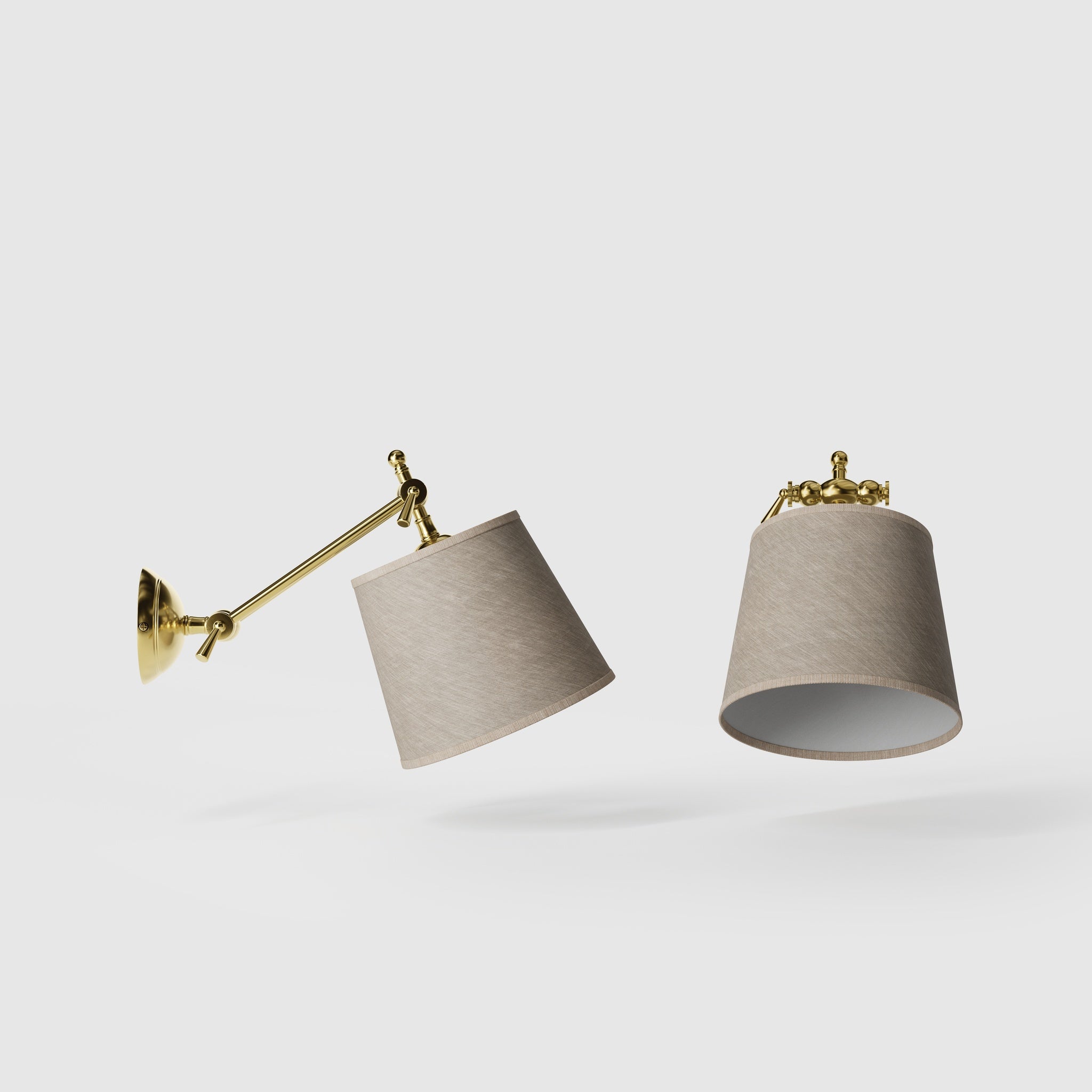 Adjustable brass wall lamp with grey fabric shade, double articulated joint, classic contemporary design Made in Italy by Ghidini 1849 - Finish: OLV Polished Brass