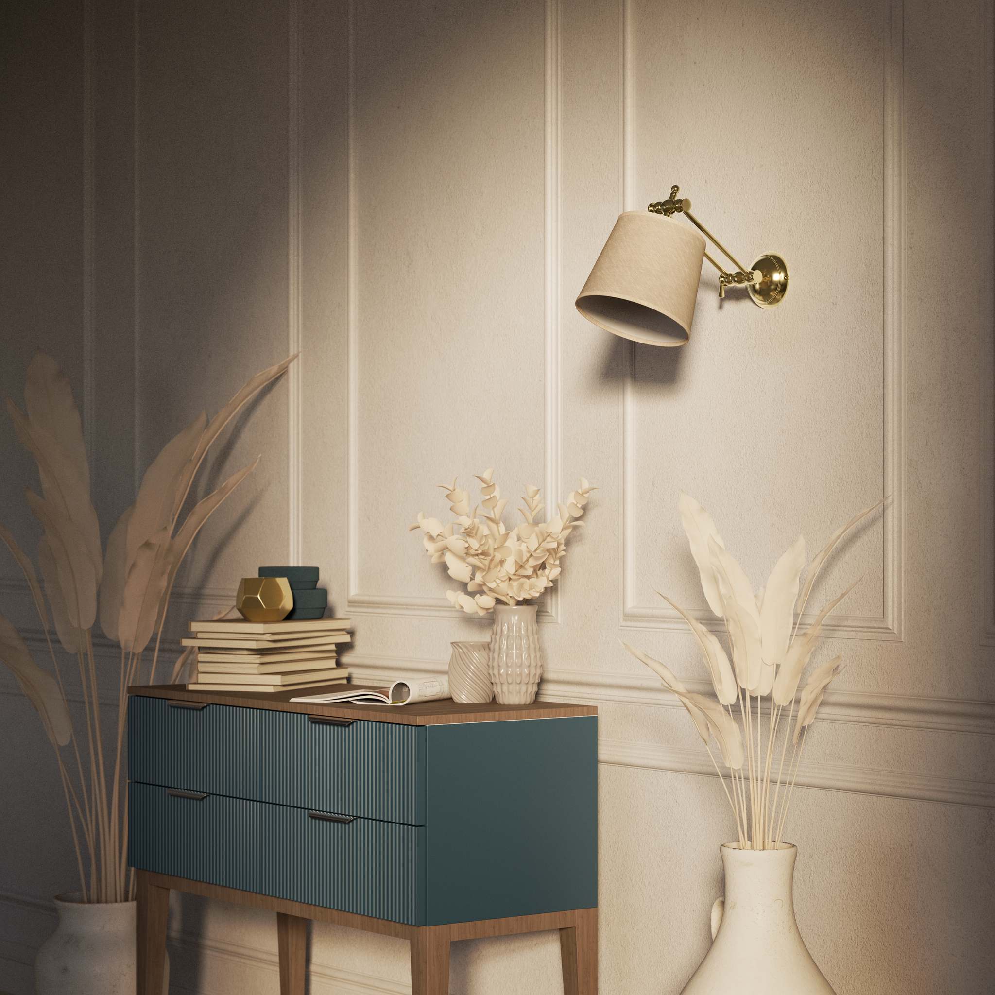 Adjustable brass wall lamp with grey fabric shade, double articulated joint, classic contemporary design Made in Italy by Ghidini 1849 - Finish: OLV Polished Brass