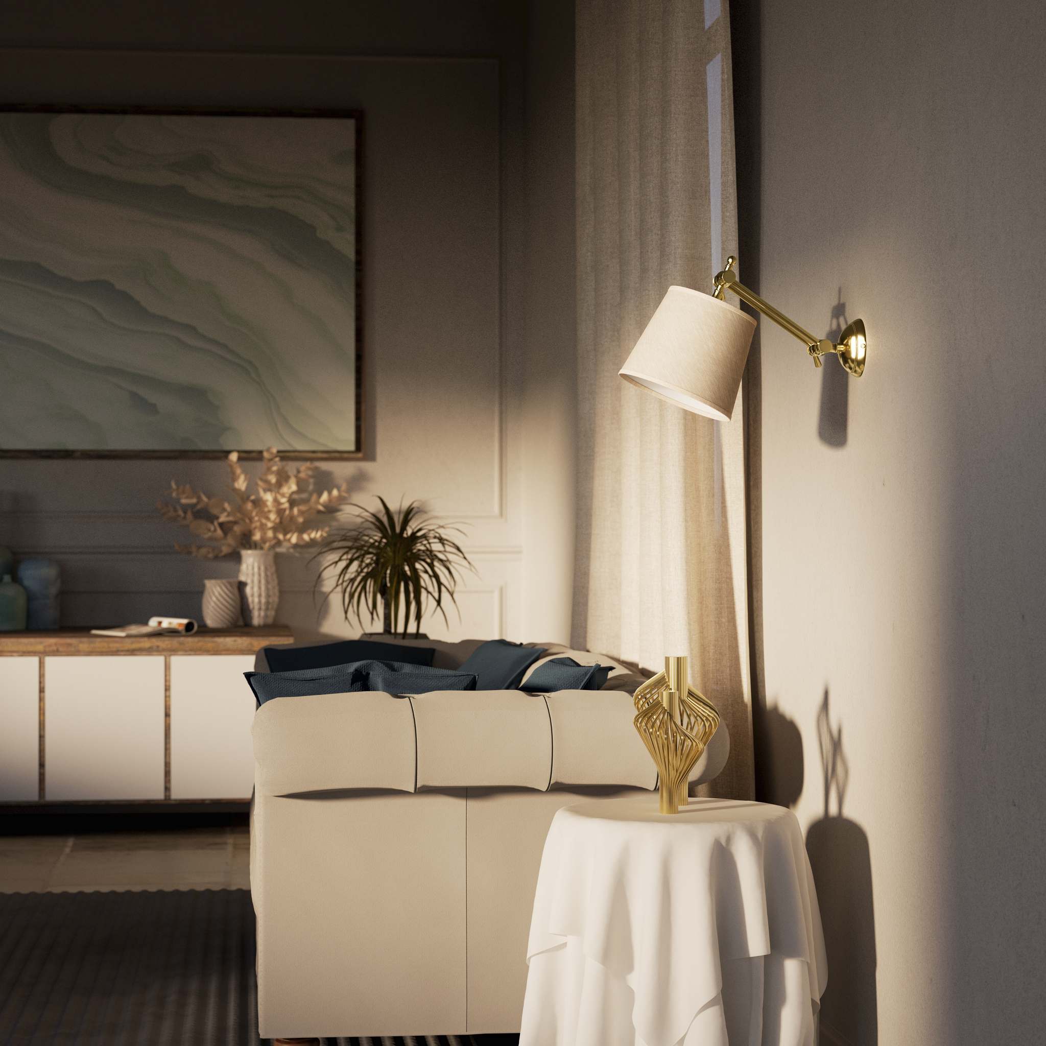 Adjustable brass wall lamp with grey fabric shade, double articulated joint, classic contemporary design Made in Italy by Ghidini 1849 - Finish: OLV Polished Brass