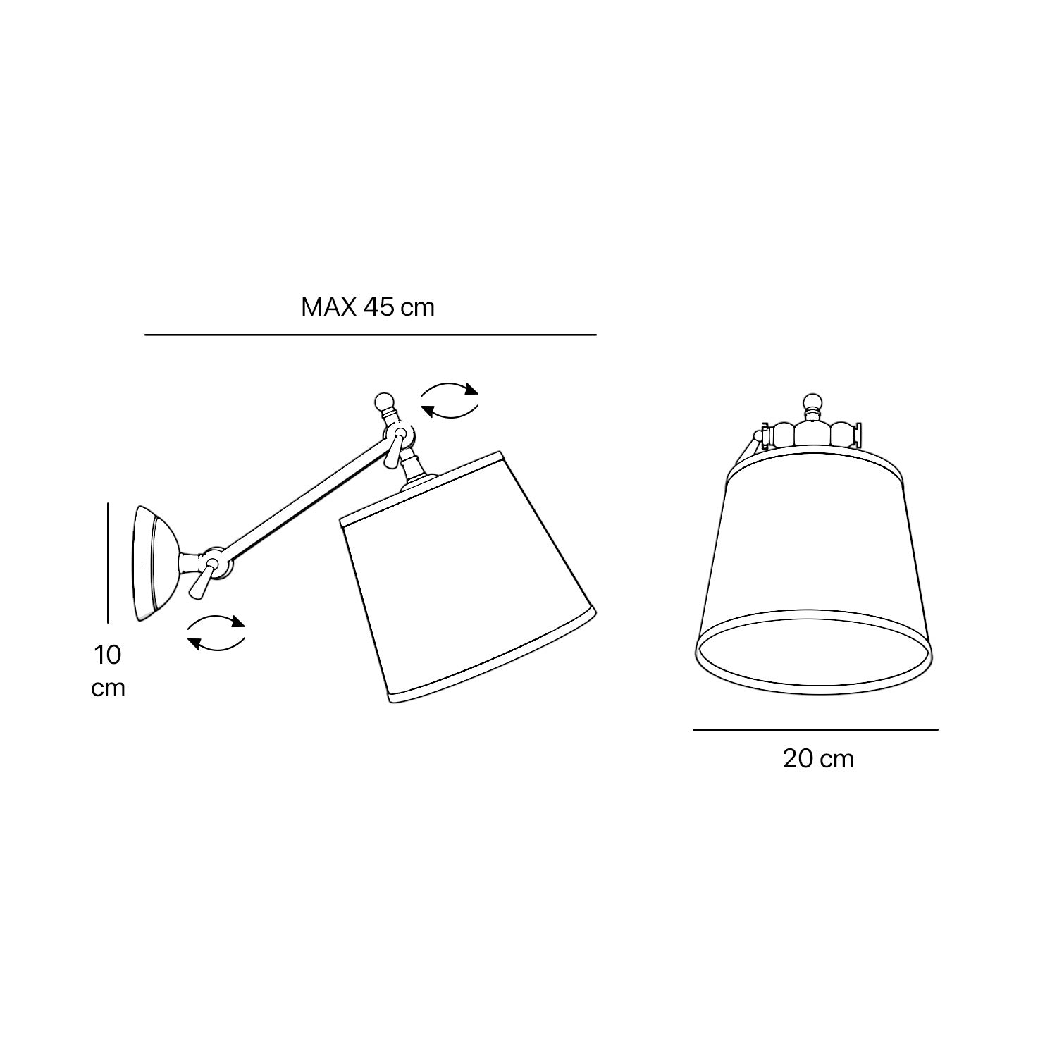 Adjustable brass wall lamp with grey fabric shade, double articulated joint, classic contemporary design Made in Italy by Ghidini 1849