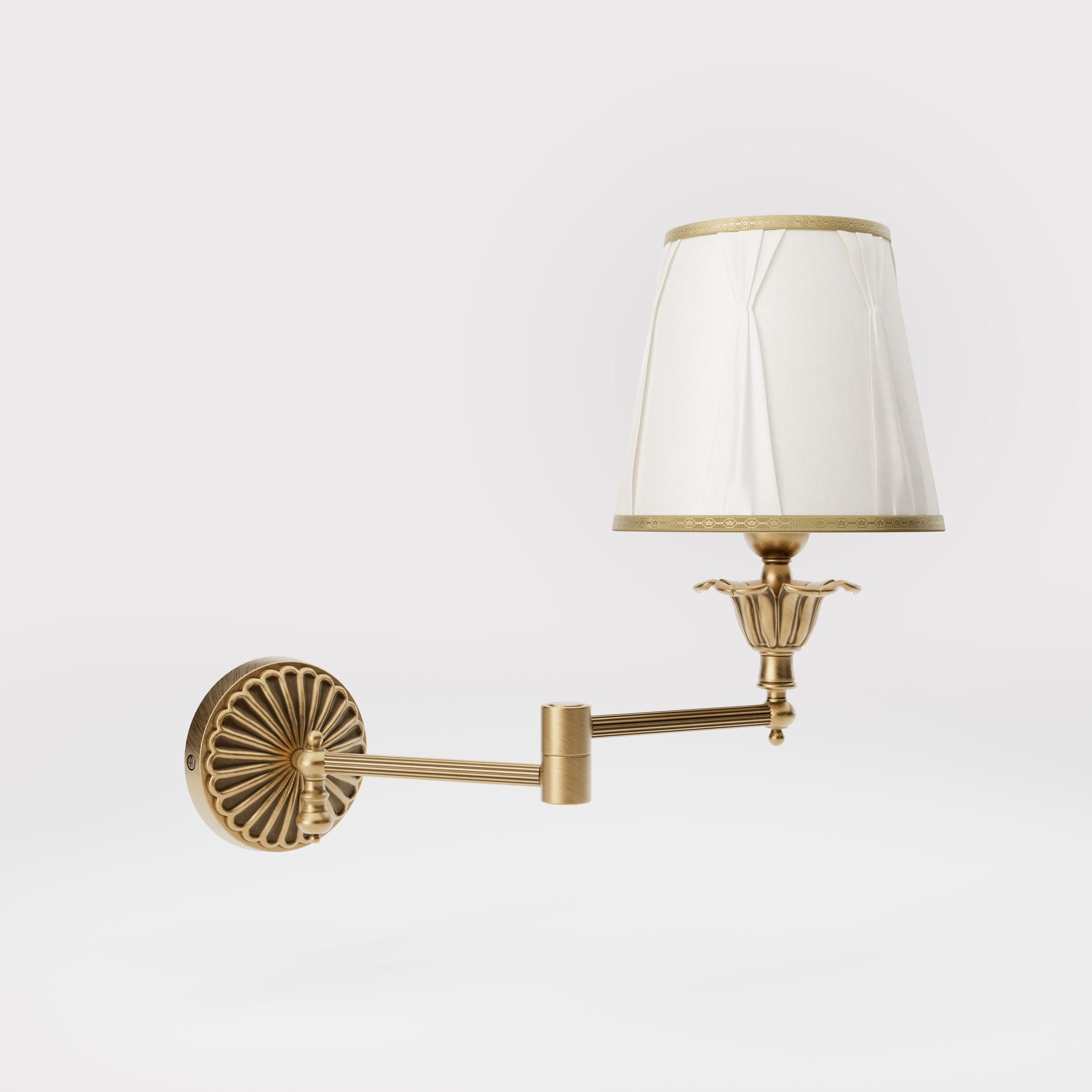 Classic brass wall lamp with adjustable arm and ivory fabric shade, gold decorative trim, floral rosette base London - Finish: OBS Bronze Satin Brass