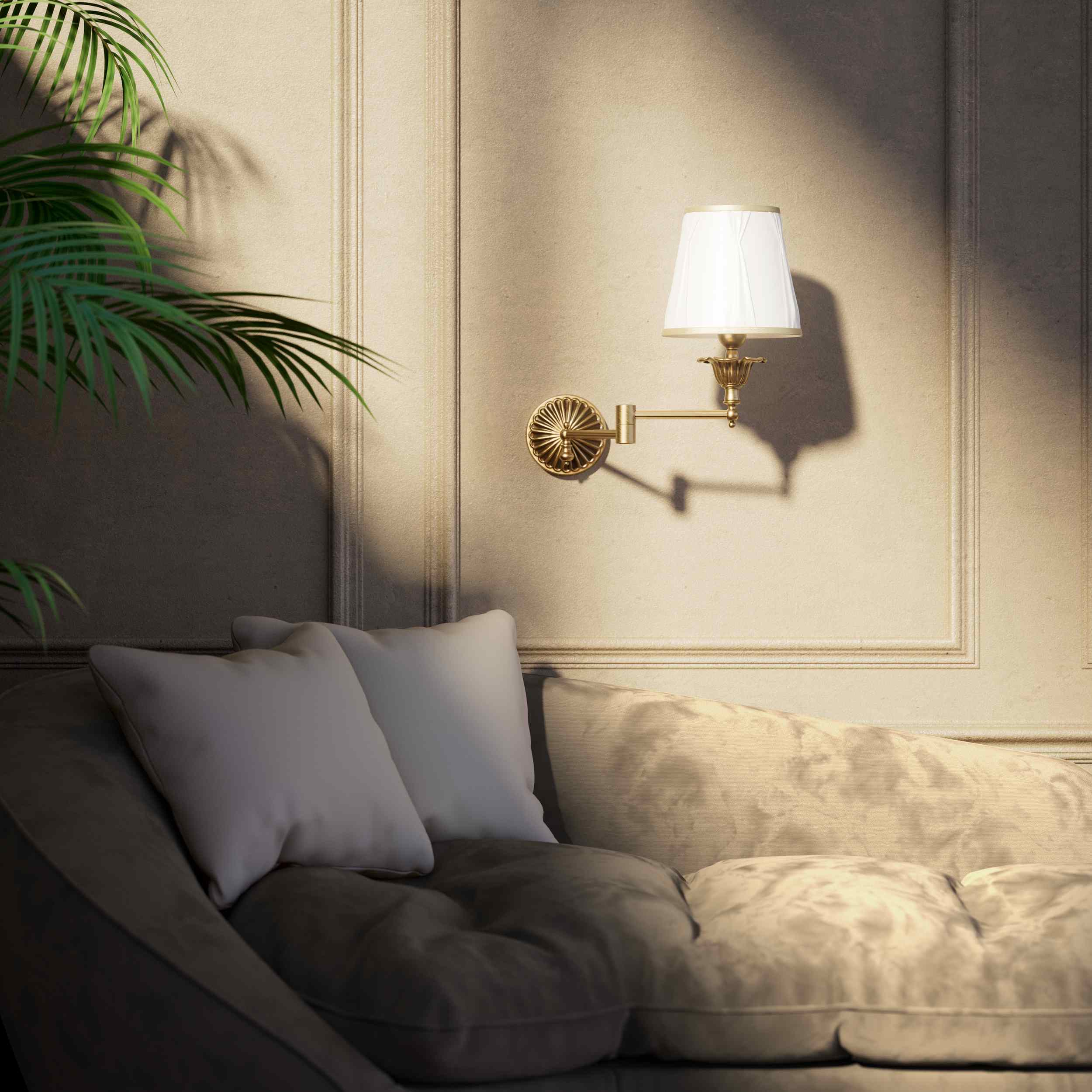 Classic brass wall lamp with adjustable arm and ivory fabric shade, gold decorative trim, floral rosette base London - Finish: OBS Bronze Satin Brass