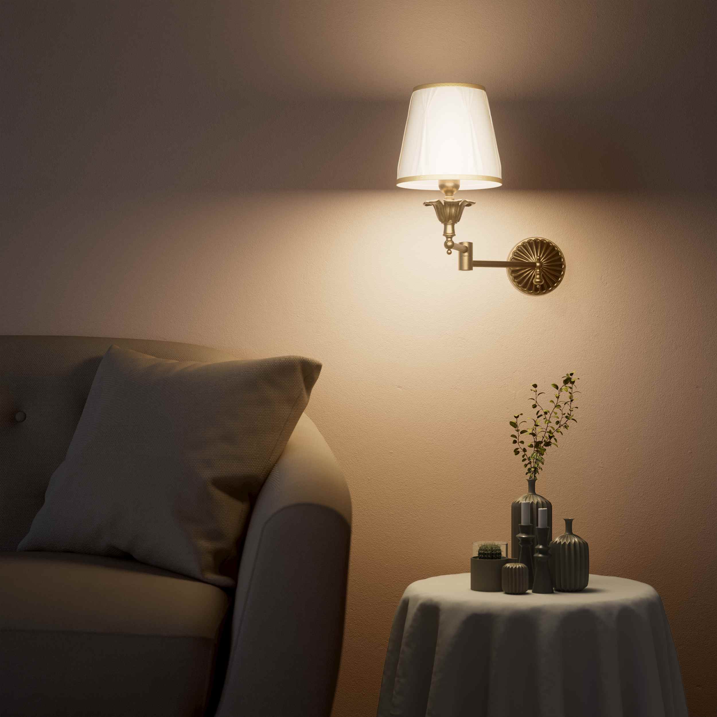 Classic brass wall lamp with adjustable arm and ivory fabric shade, gold decorative trim, floral rosette base London - Finish: OBS Bronze Satin Brass