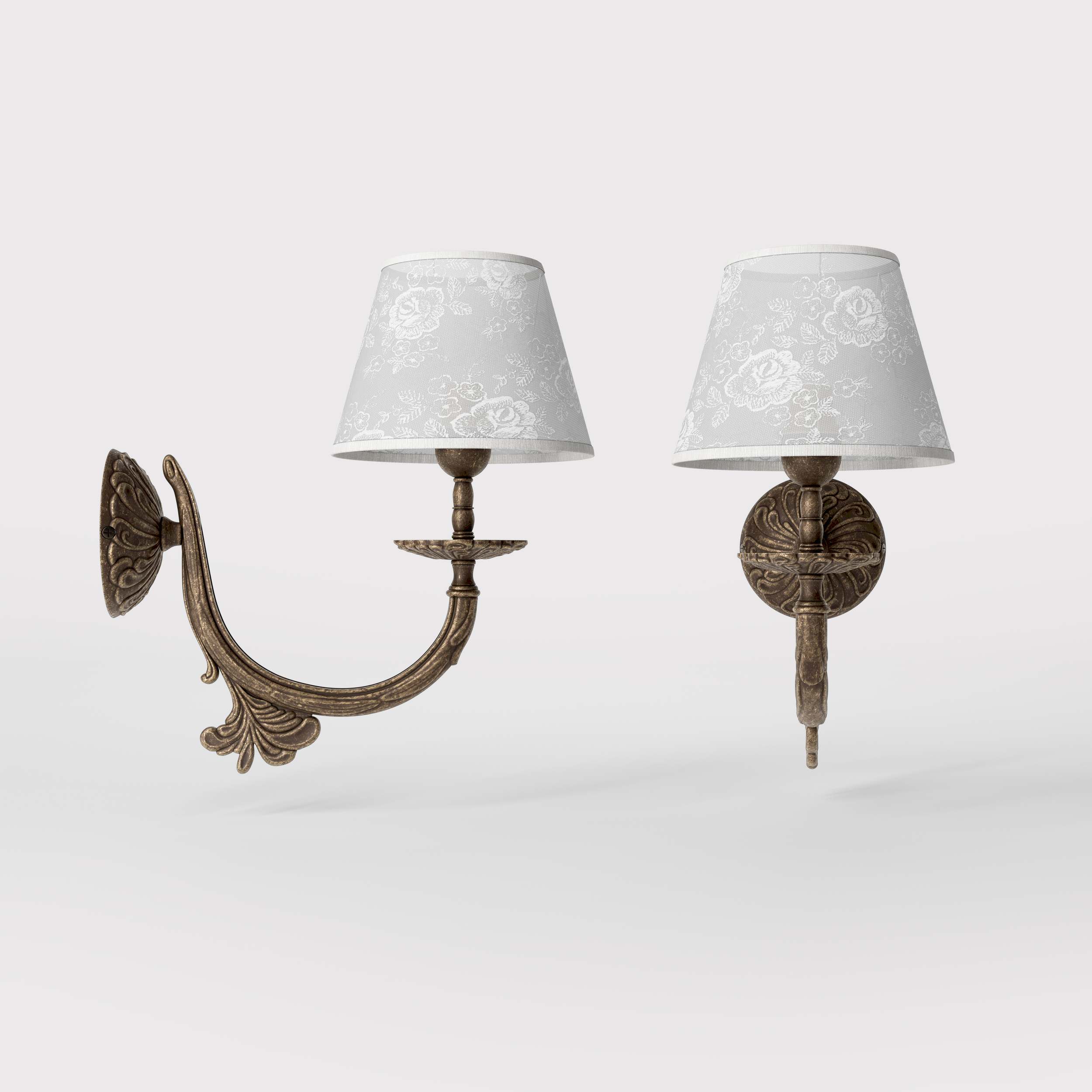 Classical brass wall lamp with decorated white fabric shade, curved arm and ornamental rosette, traditional floral details - Finish: OAS Antique Brass