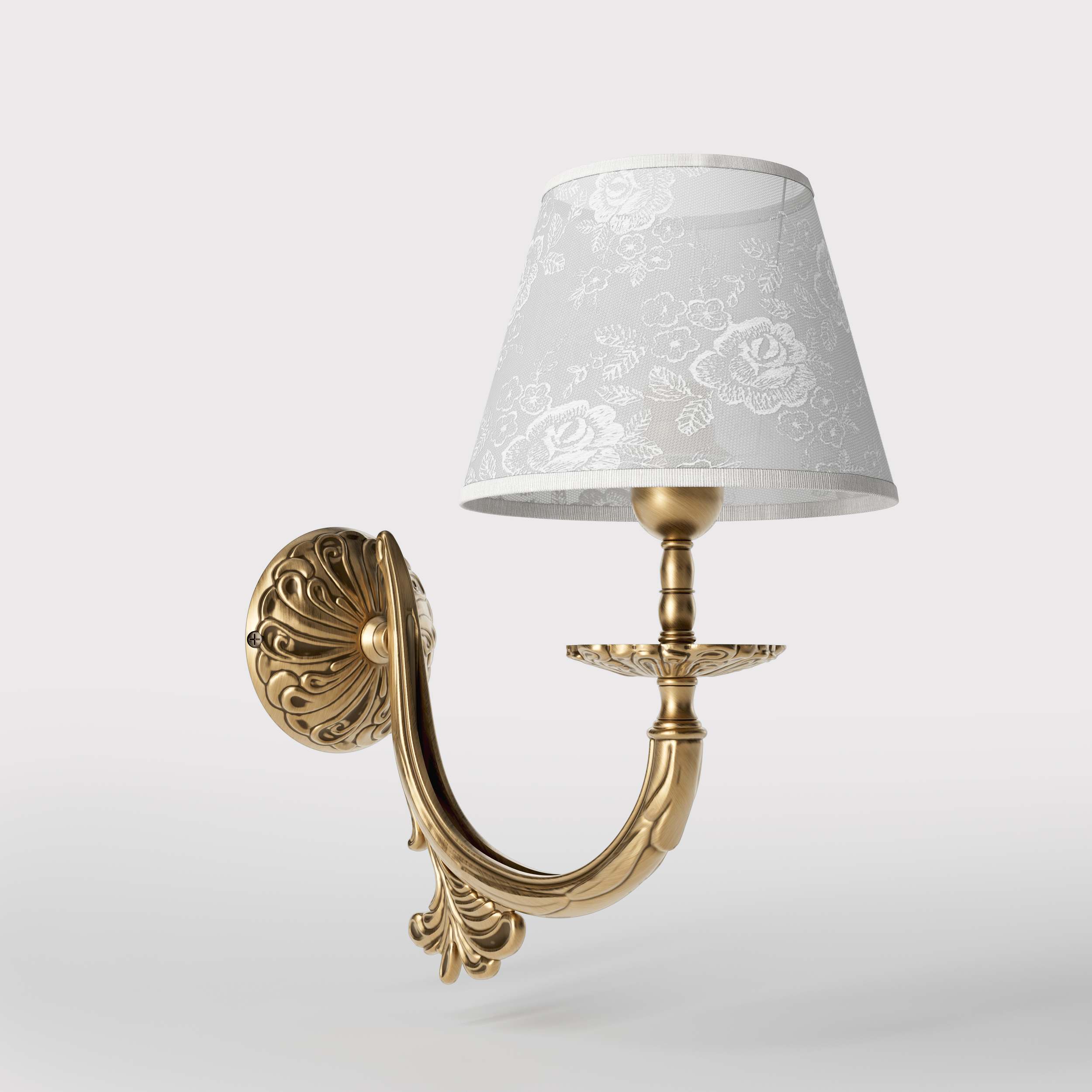 Classical brass wall lamp with decorated white fabric shade, curved arm and ornamental rosette, traditional floral details - Finish: OBS Bronze Satin Brass