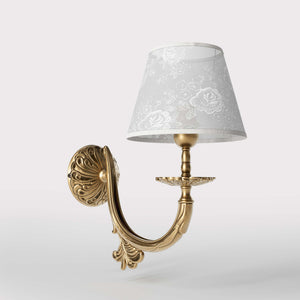 Classical brass wall lamp with decorated white fabric shade, curved arm and ornamental rosette, traditional floral details - Finish: OBS Bronze Satin Brass