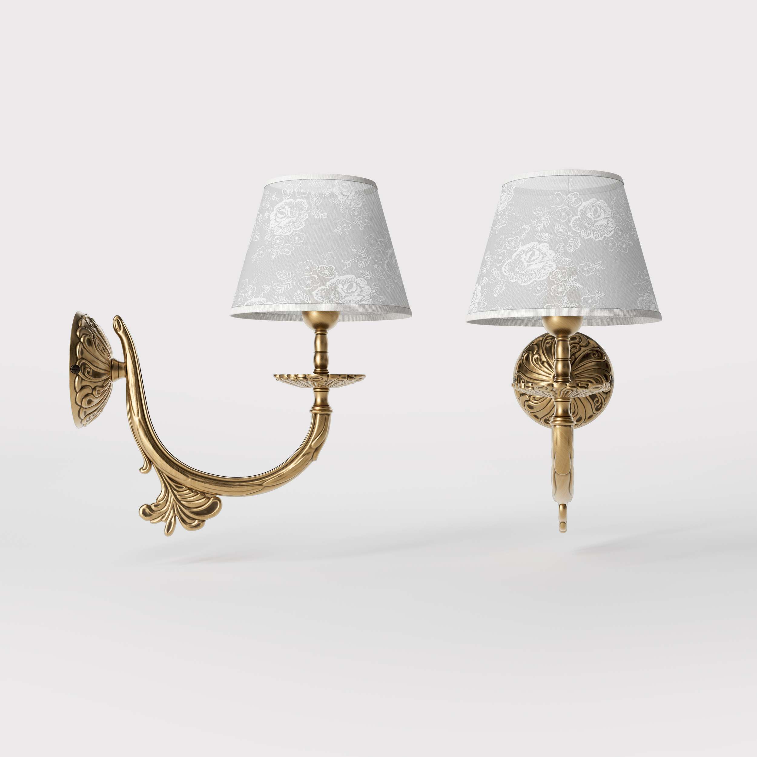 Classical brass wall lamp with decorated white fabric shade, curved arm and ornamental rosette, traditional floral details - Finish: OBS Bronze Satin Brass
