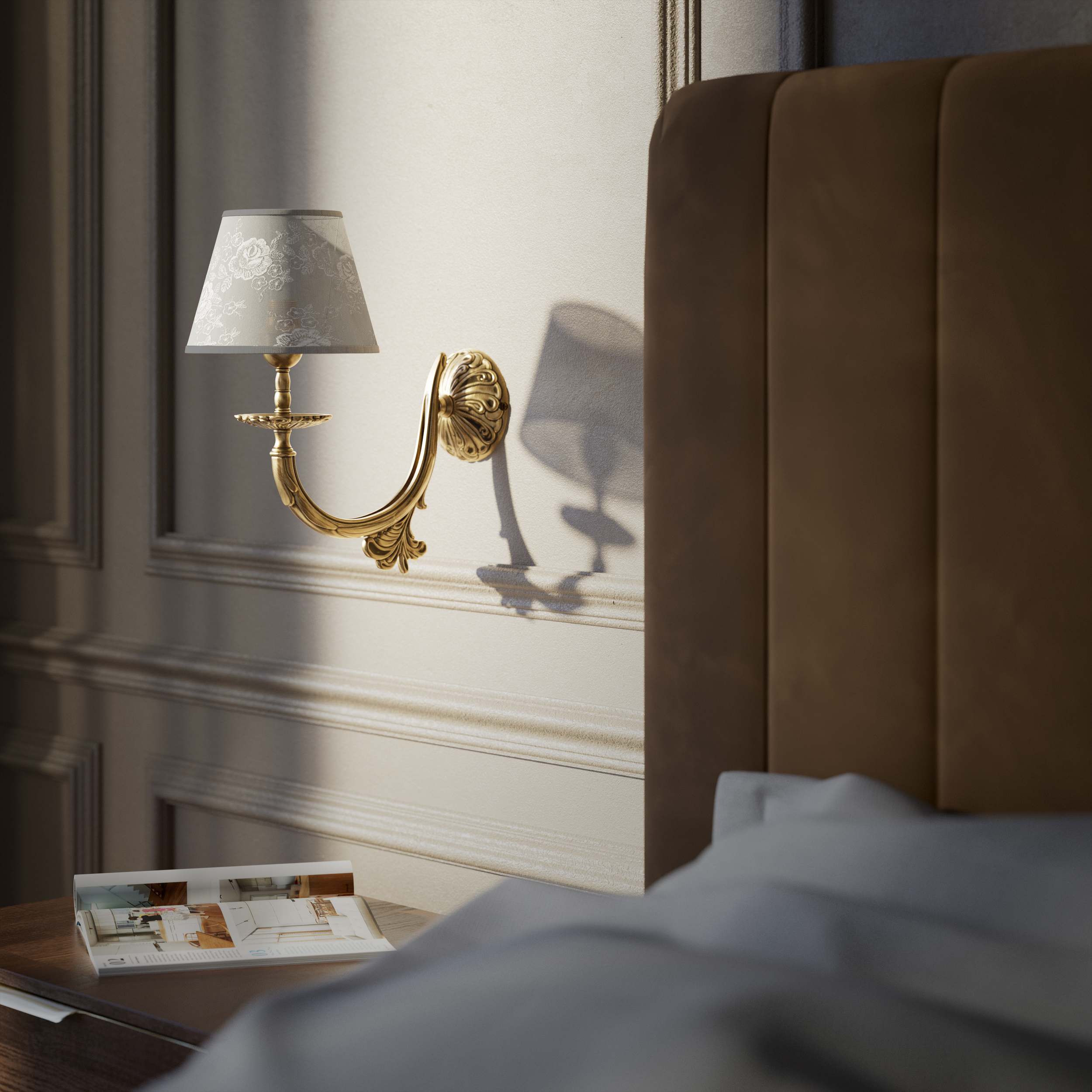 Classical brass wall lamp with decorated white fabric shade, curved arm and ornamental rosette, traditional floral details - Finish: OBS Bronze Satin Brass