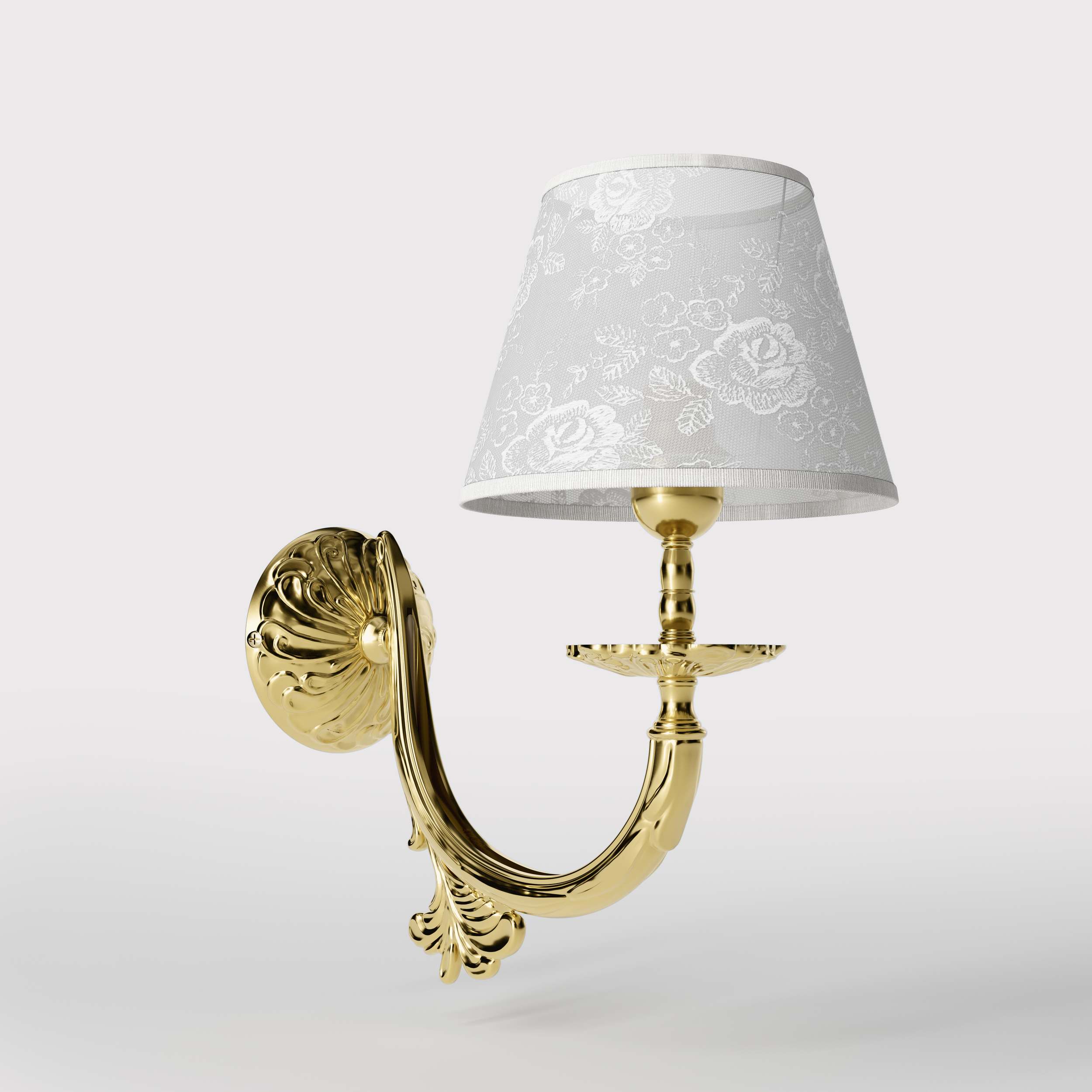 Classical brass wall lamp with decorated white fabric shade, curved arm and ornamental rosette, traditional floral details - Finish: OLV Polished Brass