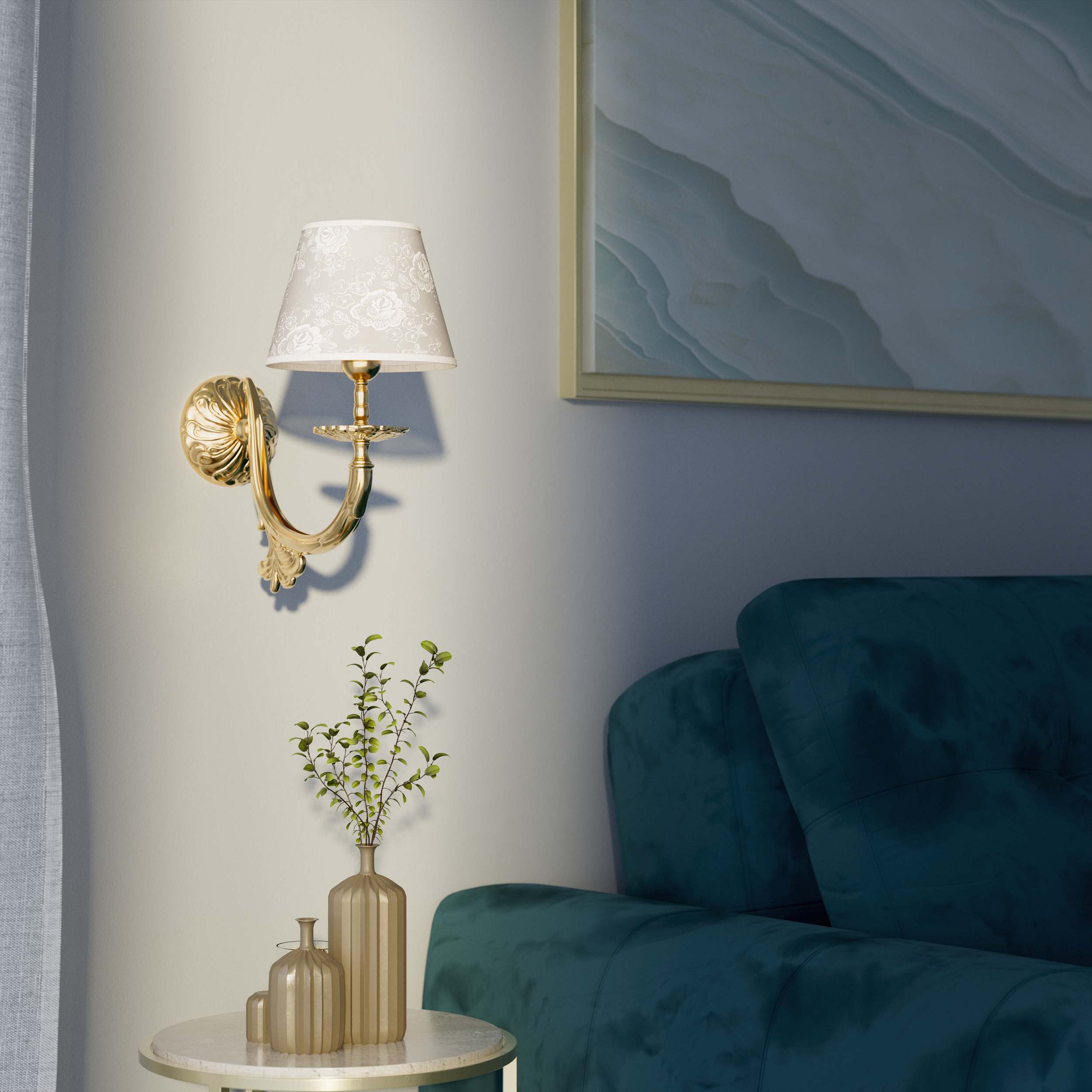 Classical brass wall lamp with decorated white fabric shade, curved arm and ornamental rosette, traditional floral details - Finish: OLV Polished Brass