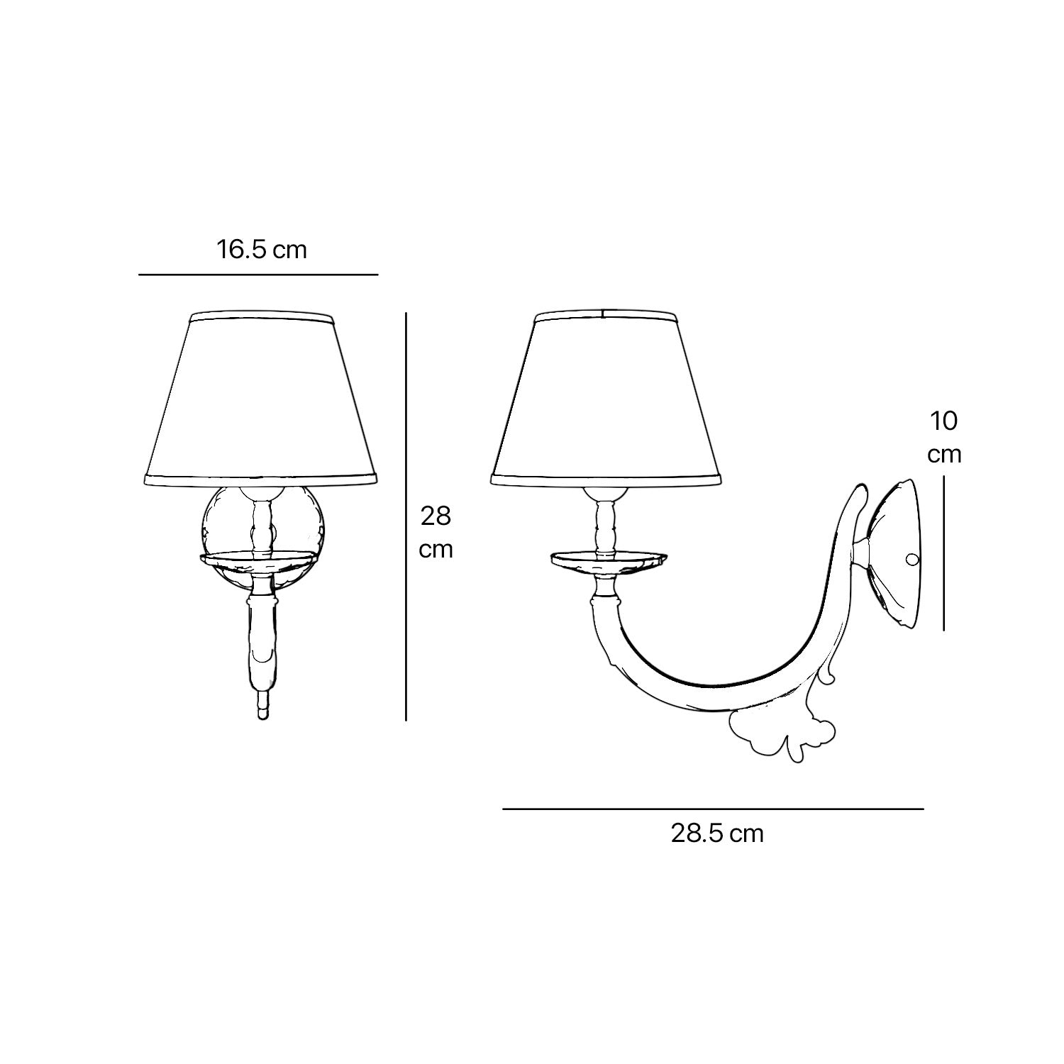 Classical brass wall lamp with decorated white fabric shade, curved arm and ornamental rosette, traditional floral details