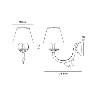 Classical brass wall lamp with decorated white fabric shade, curved arm and ornamental rosette, traditional floral details