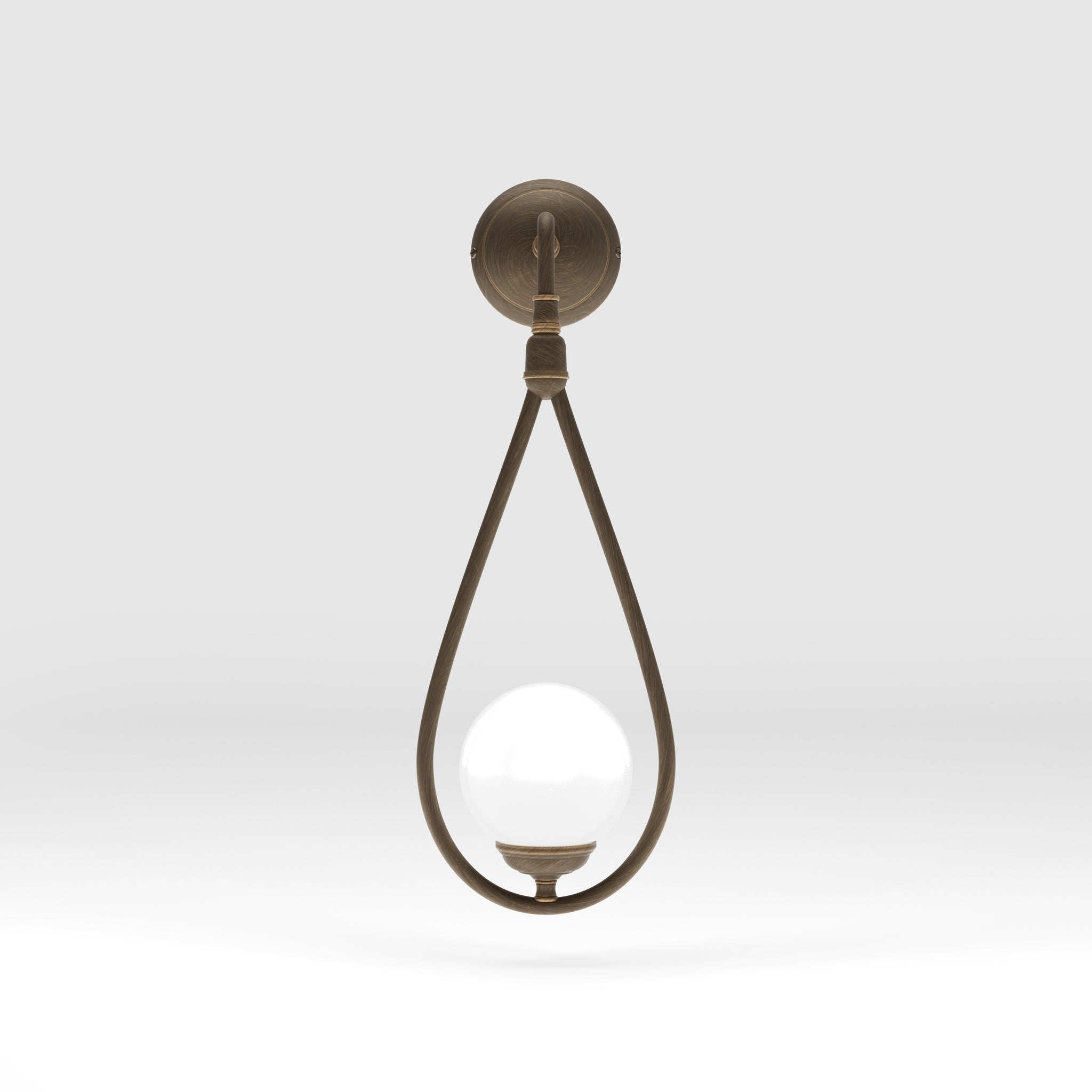 Art Deco teardrop wall sconce in brass with glossy white glass sphere, elegant and refined design for decorative wall lighting by Ghidini 1849 - Finish: OBM Bronze Satin Matt Brass