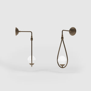 Art Deco teardrop wall sconce in brass with glossy white glass sphere, elegant and refined design for decorative wall lighting by Ghidini 1849 - Finish: OBM Bronze Satin Matt Brass