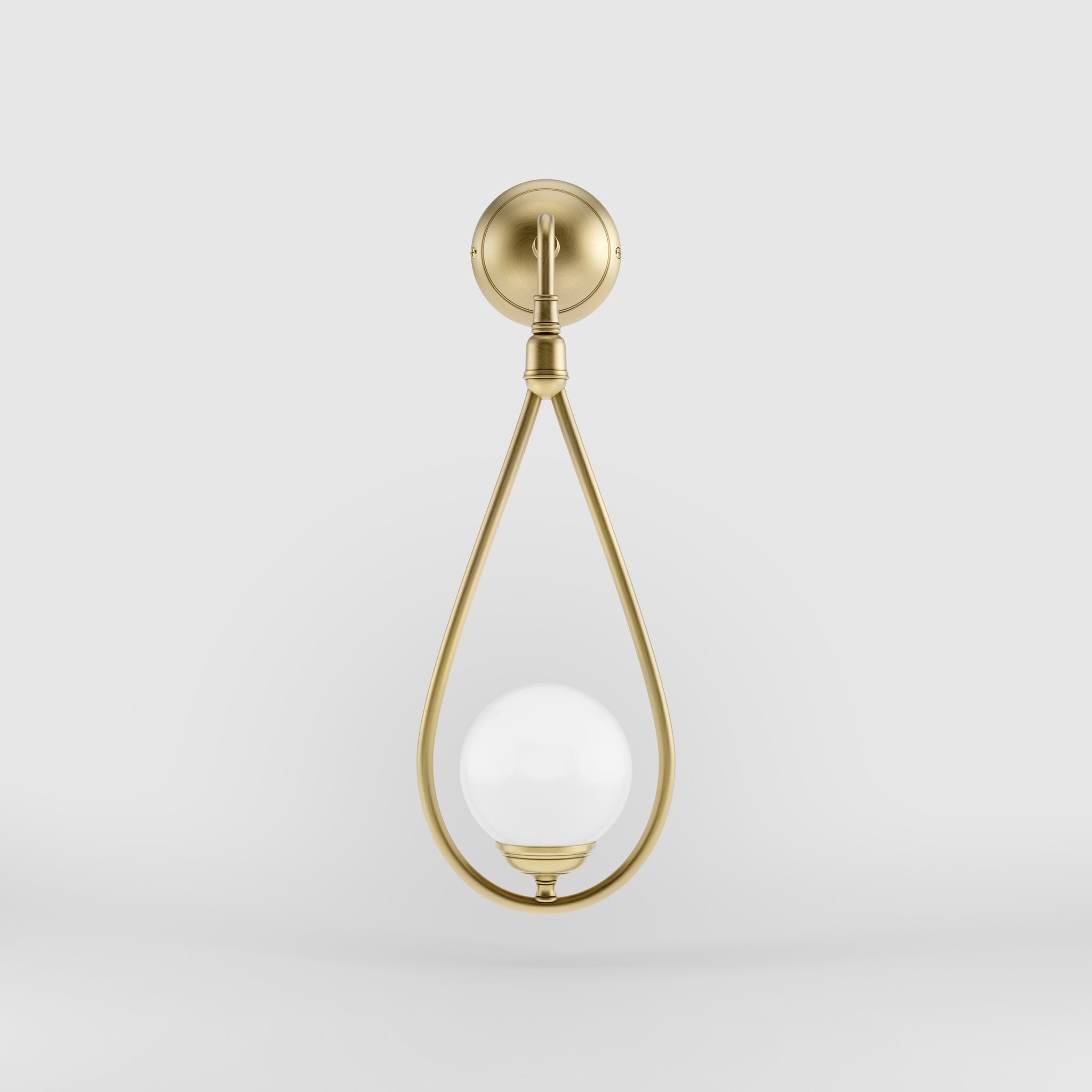 Art Deco teardrop wall sconce in brass with glossy white glass sphere, elegant and refined design for decorative wall lighting by Ghidini 1849 - Finish: OBV Bronze Satin Light Brass