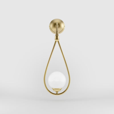 Art Deco teardrop wall sconce in brass with glossy white glass sphere, elegant and refined design for decorative wall lighting by Ghidini 1849 - Finish: OBV Bronze Satin Light Brass