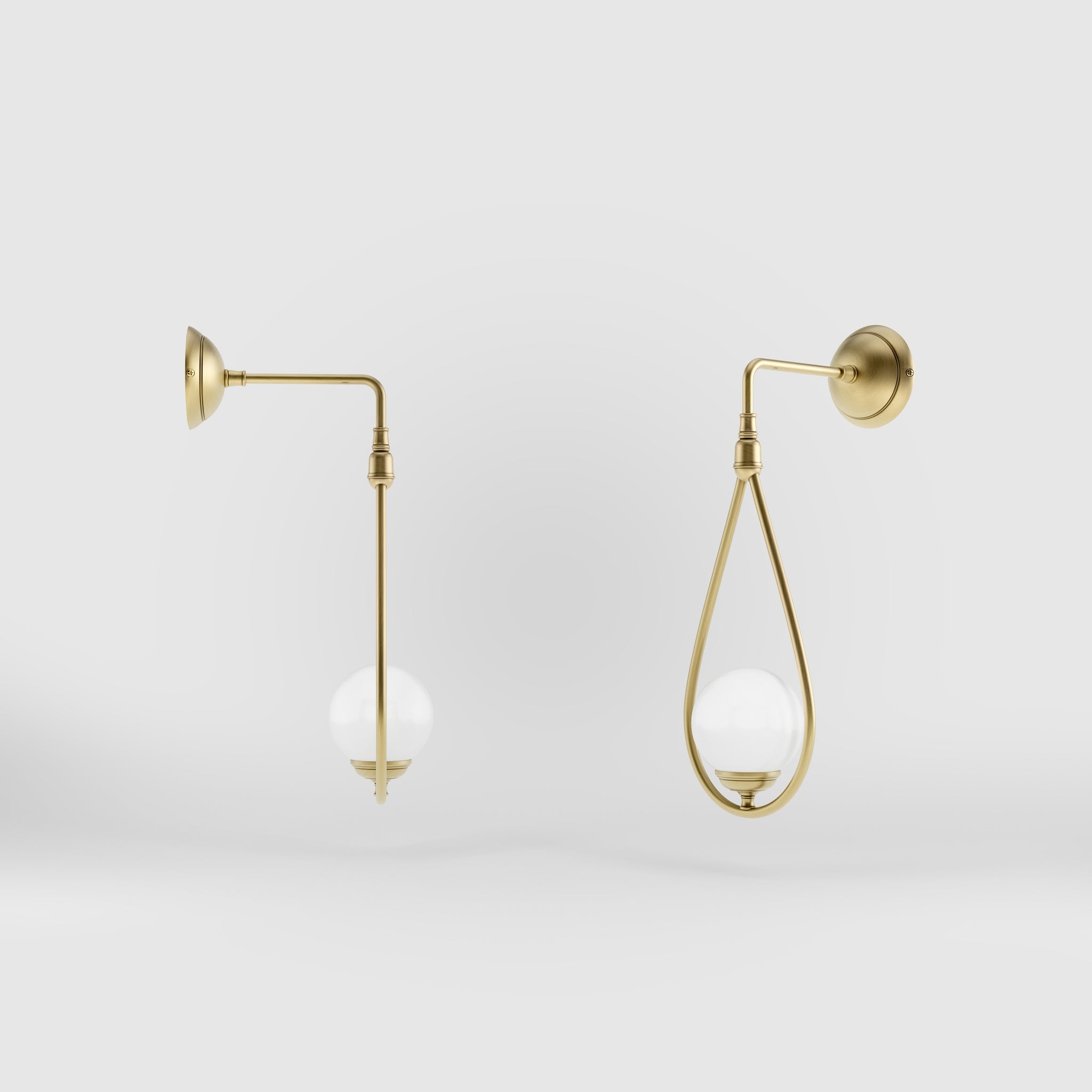Art Deco teardrop wall sconce in brass with glossy white glass sphere, elegant and refined design for decorative wall lighting by Ghidini 1849 - Finish: OBV Bronze Satin Light Brass