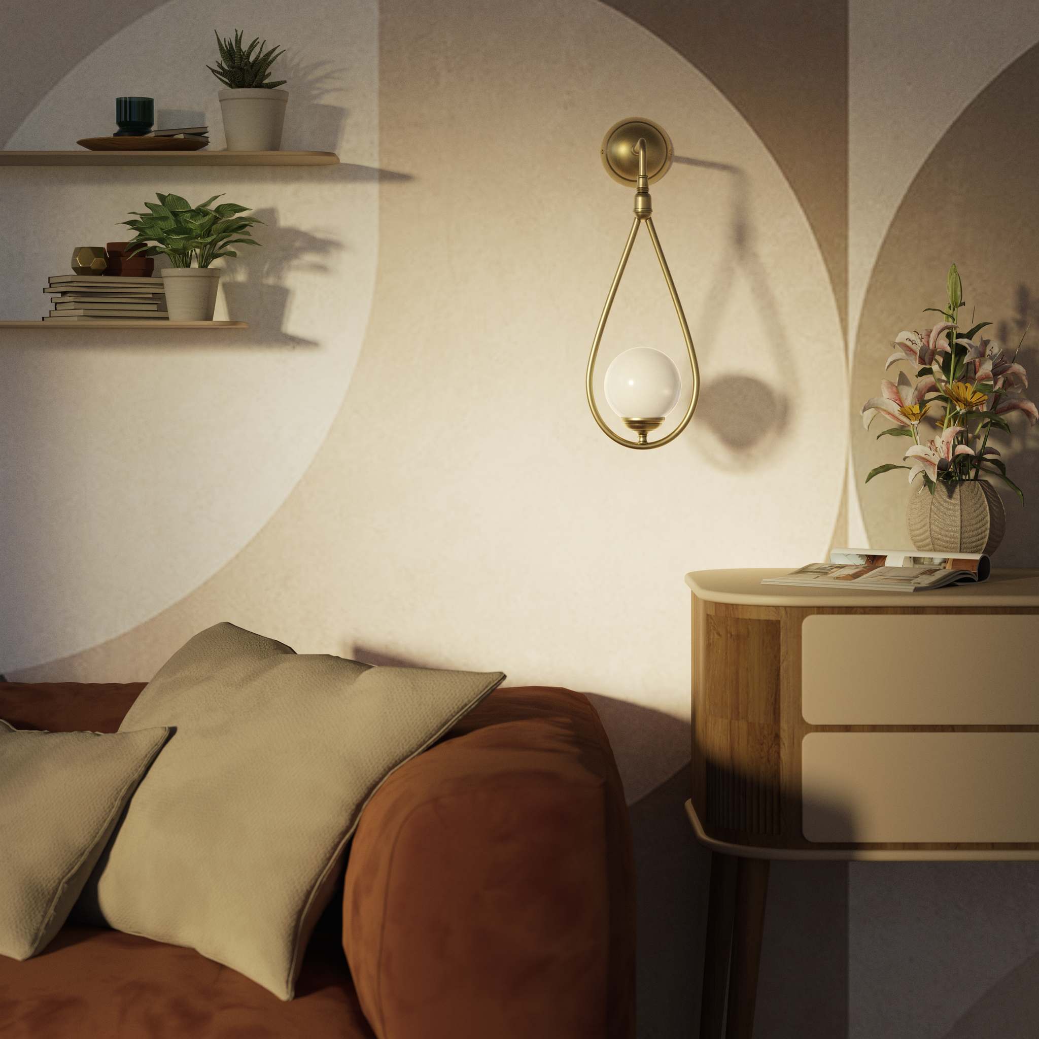 Art Deco teardrop wall sconce in brass with glossy white glass sphere, elegant and refined design for decorative wall lighting by Ghidini 1849 - Finish: OBV Bronze Satin Light Brass