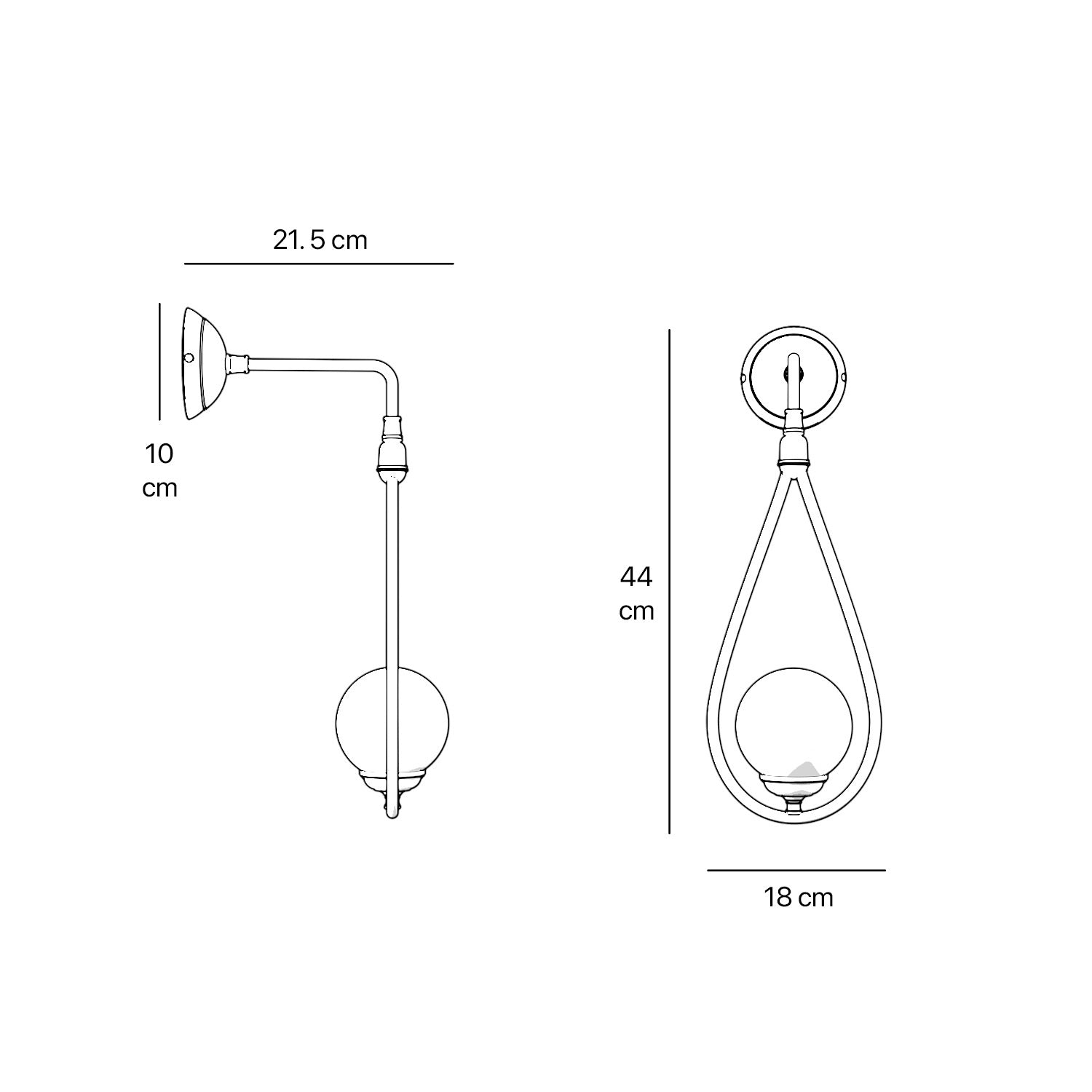 Art Deco teardrop wall sconce in brass with glossy white glass sphere, elegant and refined design for decorative wall lighting by Ghidini 1849