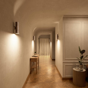 Cylindrical brass wall lamp with up and down light, modern minimalist design by Ghidini 1849 - Finish: OAS Antique Brass