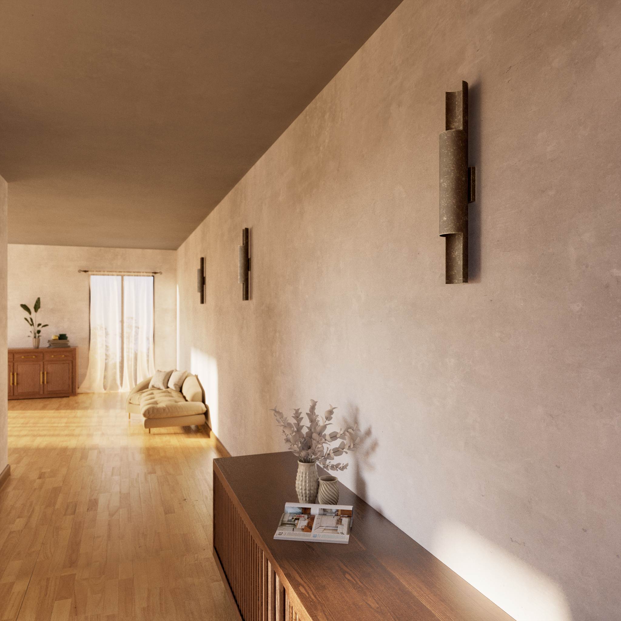 Contemporary brass wall lamp with tubular design, emits light upwards and downwards, ideal for modern spaces by Ghidini 1849 - Finish: OAS Antique Brass