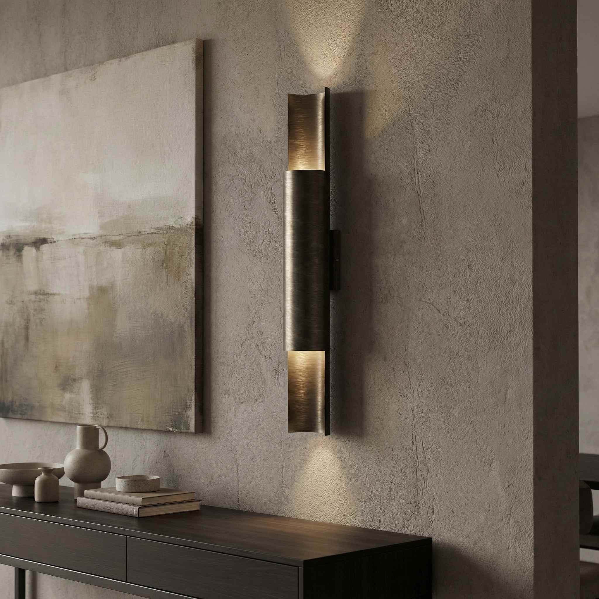 Contemporary brass wall lamp with tubular design, emits light upwards and downwards, ideal for modern spaces by Ghidini 1849 - Finish: OBM Bronze Satin Matt Brass