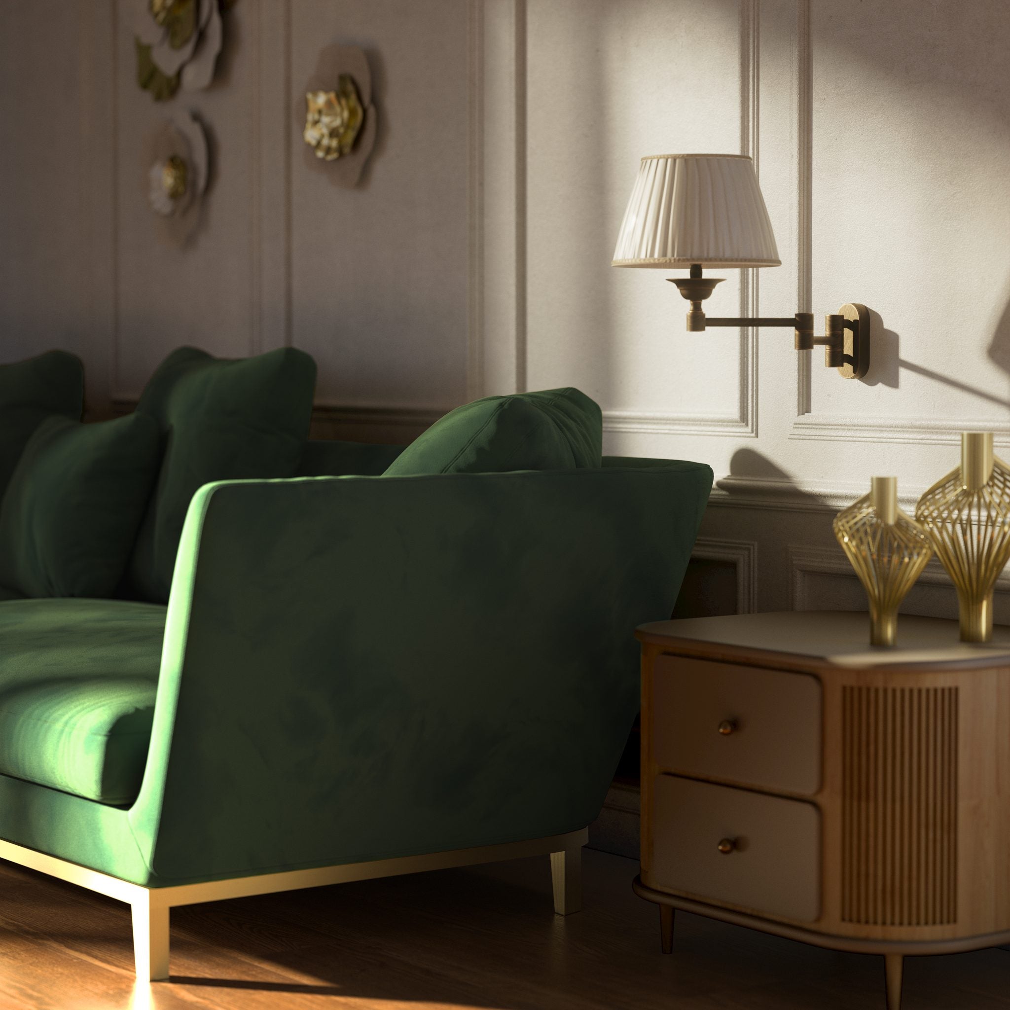 Brass wall lamp with ivory fabric lampshade and adjustable arms for elegant interior spaces by Ghidini 1849 - Finish: OBM Bronze Satin Matt Brass